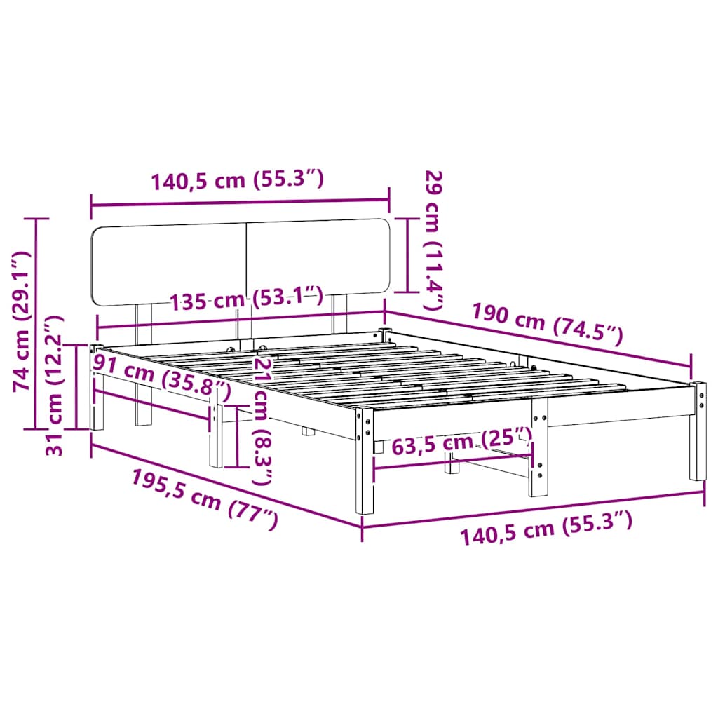 vidaXL Σκελετός Κρεβατιού με κεφαλάρι Φυσικό 135 x 190 cm