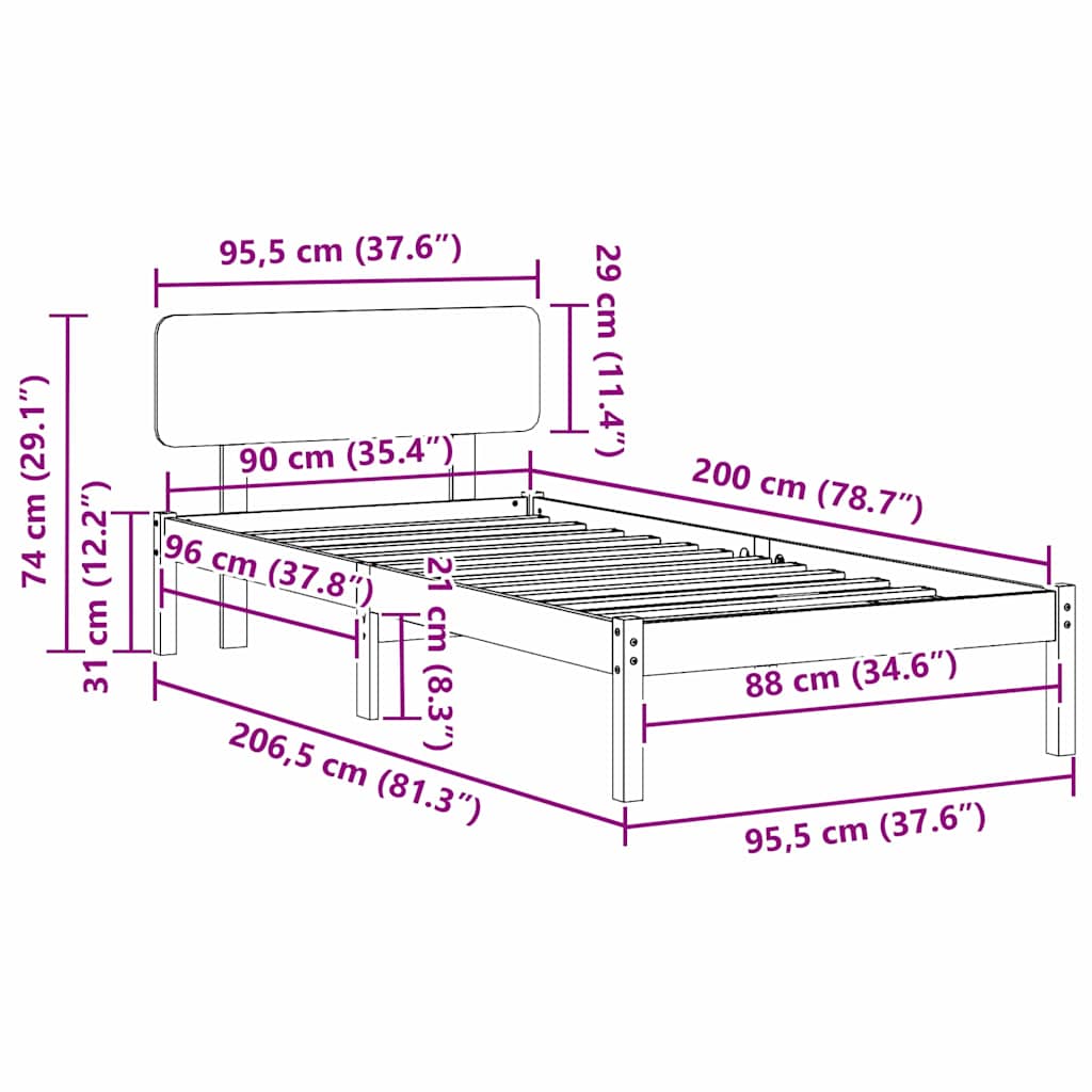 vidaXL Σκελετός Κρεβατιού με κεφαλάρι Φυσικό 90 x 200 cm