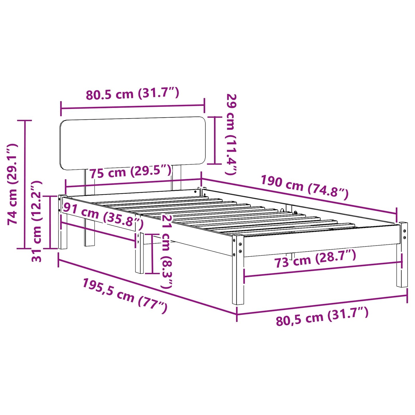 vidaXL Σκελετός Κρεβατιού με κεφαλάρι Φυσικό 75 x 190 cm