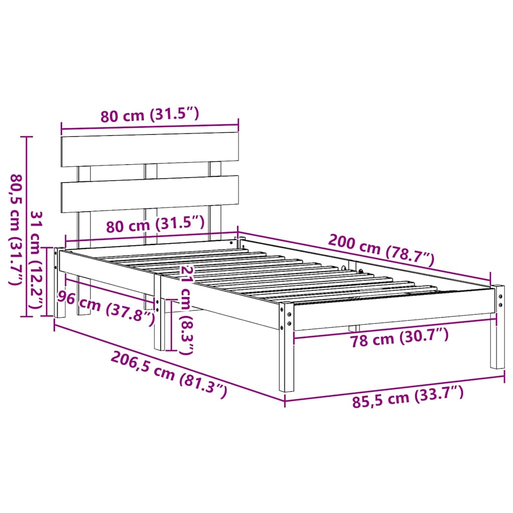vidaXL Σκελετός Κρεβατιού Καφέ 80 x 200 cm Μασίφ ξύλο πεύκου