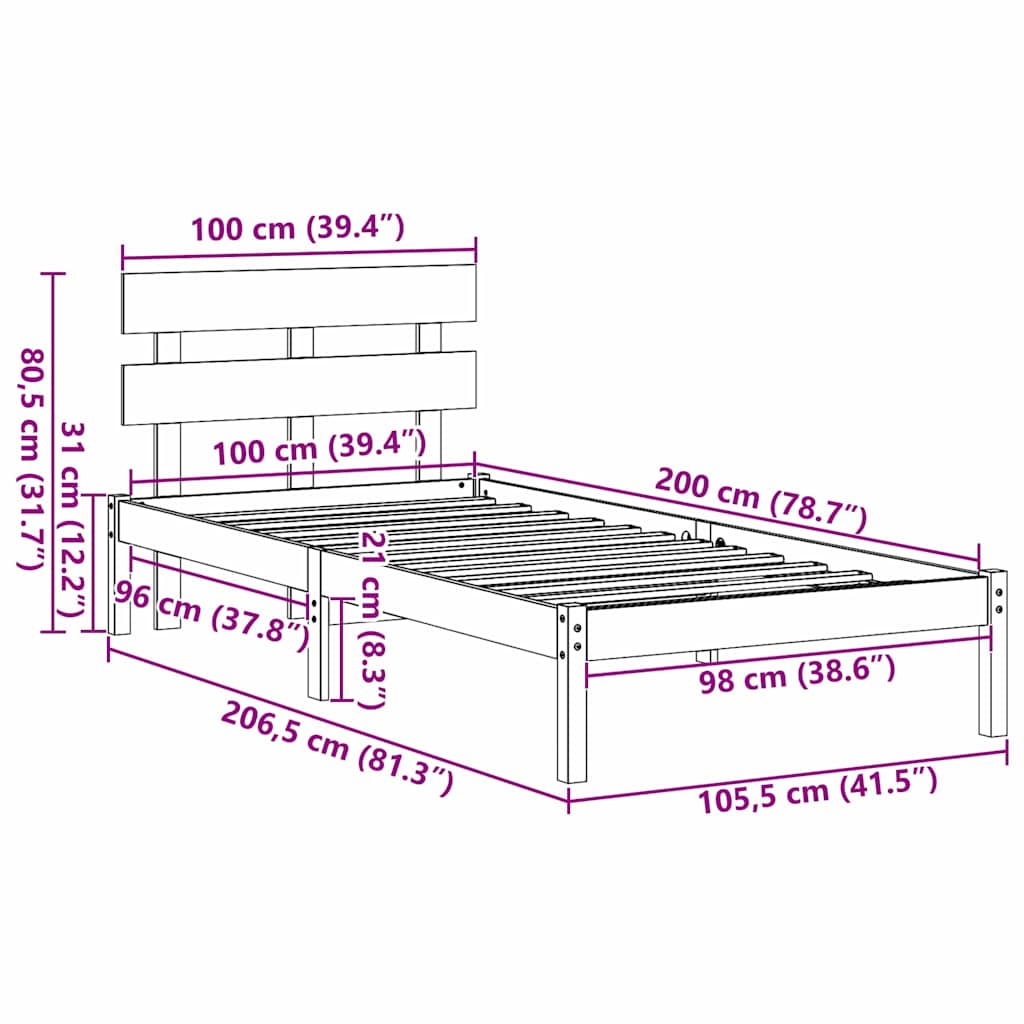vidaXL Σκελετός Κρεβατιού Λευκό 100 x 200 cm Μασίφ ξύλο πεύκου