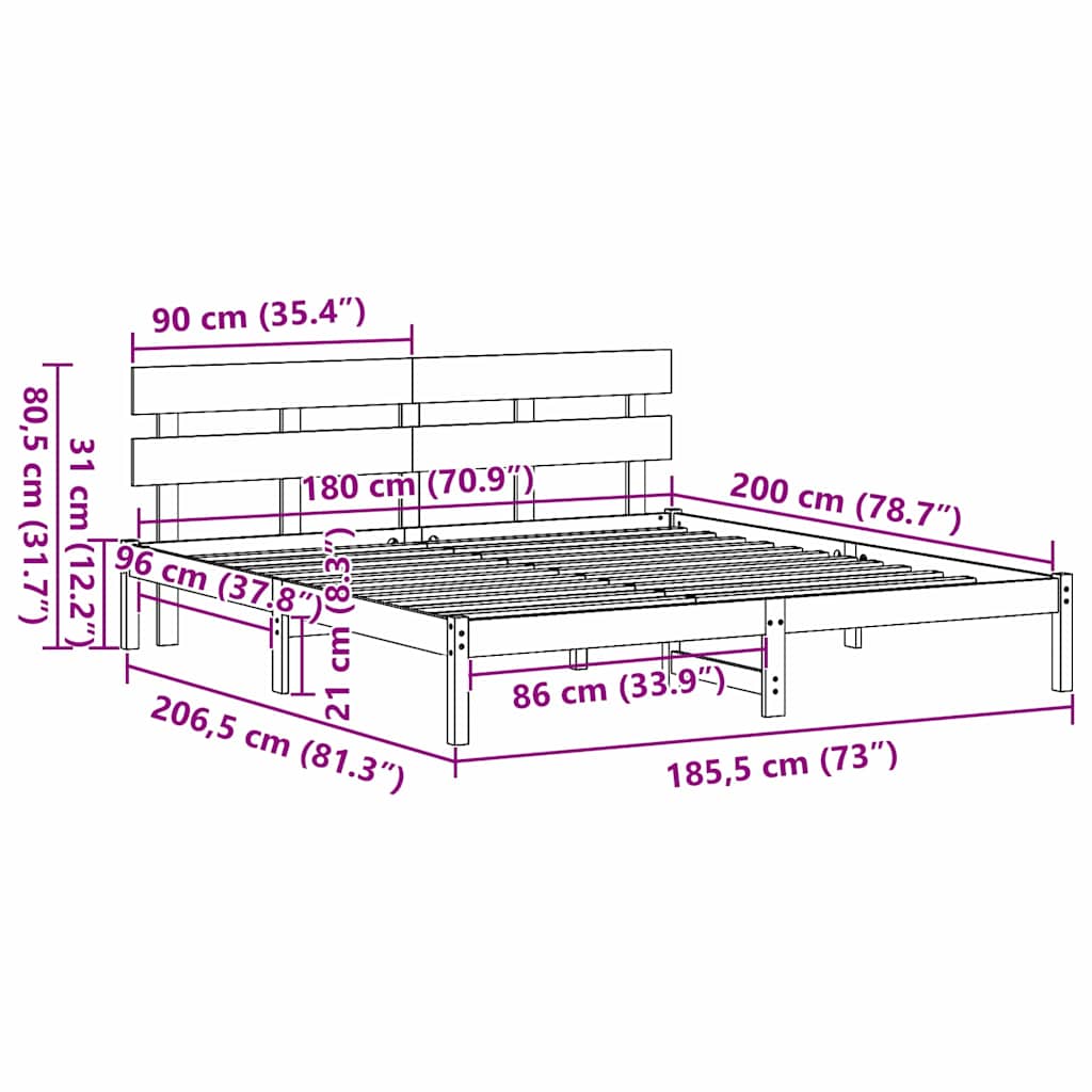 vidaXL Σκελετός Κρεβατιού Λευκό 180 x 200 cm Μασίφ ξύλο πεύκου