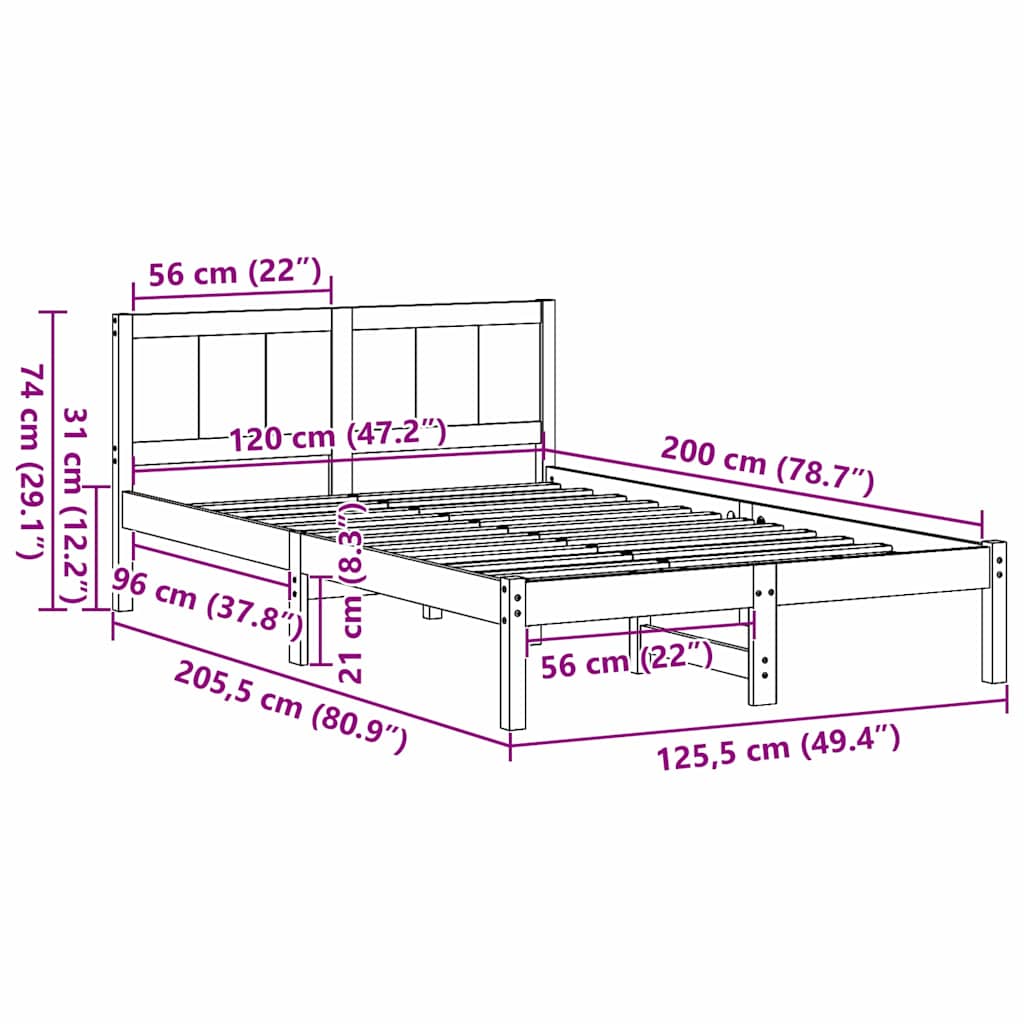 vidaXL Σκελετός Κρεβατιού Καφέ 120 x 200 cm Μασίφ ξύλο πεύκου