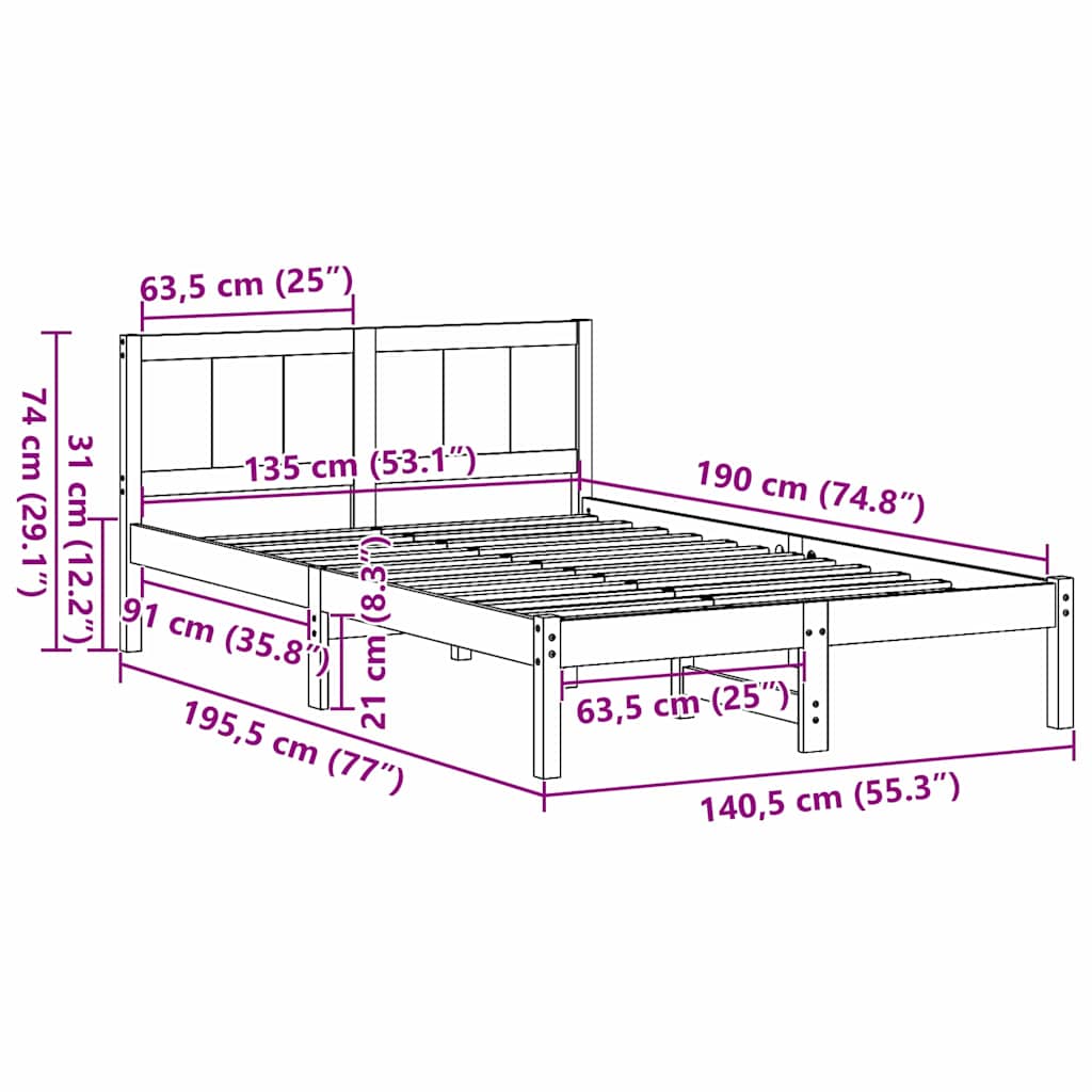 vidaXL Σκελετός Κρεβατιού Λευκό 135 x 190 cm Μασίφ ξύλο πεύκου