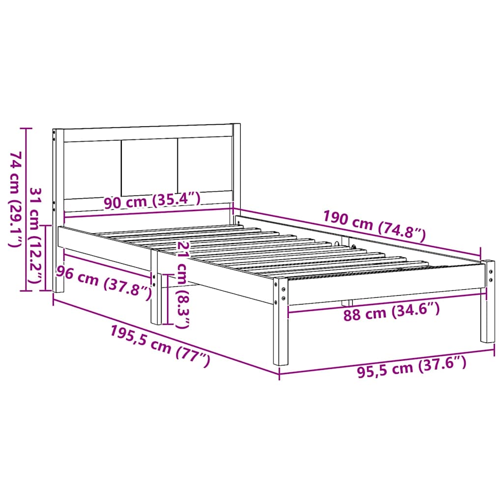 vidaXL Σκελετός Κρεβατιού Λευκό 90 x 190 cm Μασίφ ξύλο πεύκου