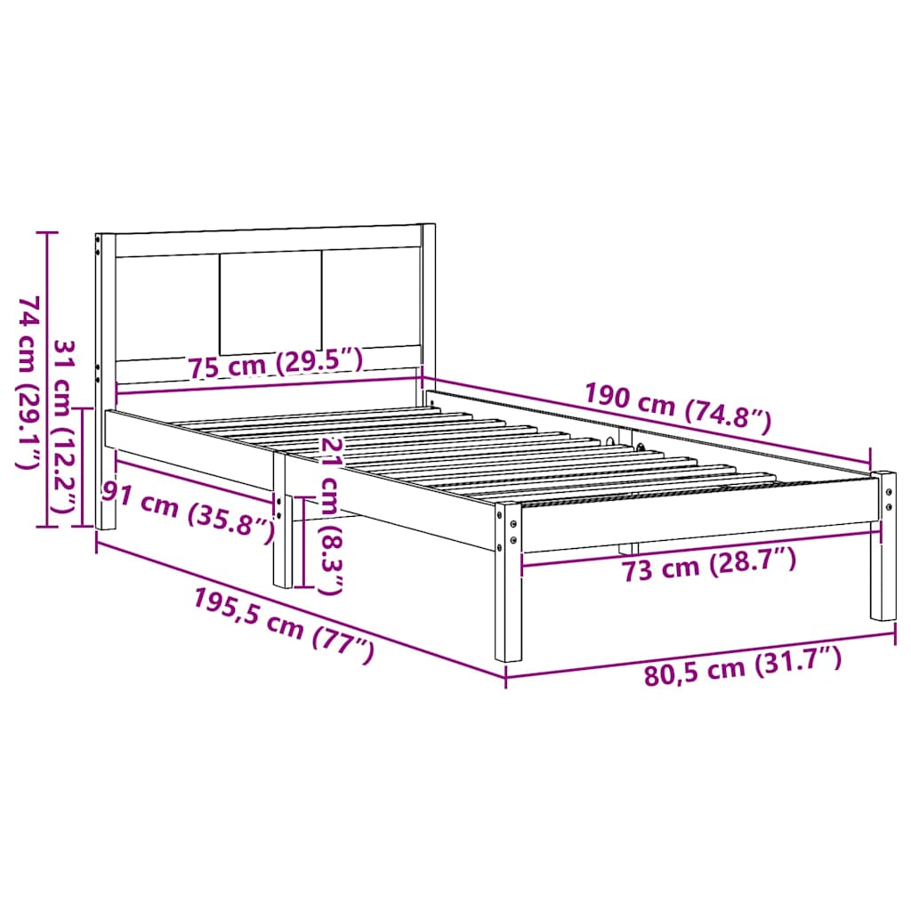 vidaXL Σκελετός Κρεβατιού Καφέ 75 x 190 cm Μασίφ ξύλο πεύκου