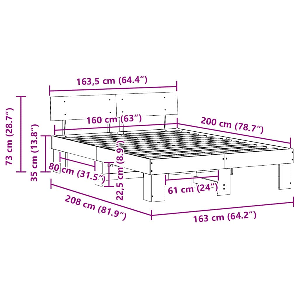 vidaXL Σκελετός Κρεβατιού Φυσικό 160 x 200 cm Στερεά ξυλεία πεύκου