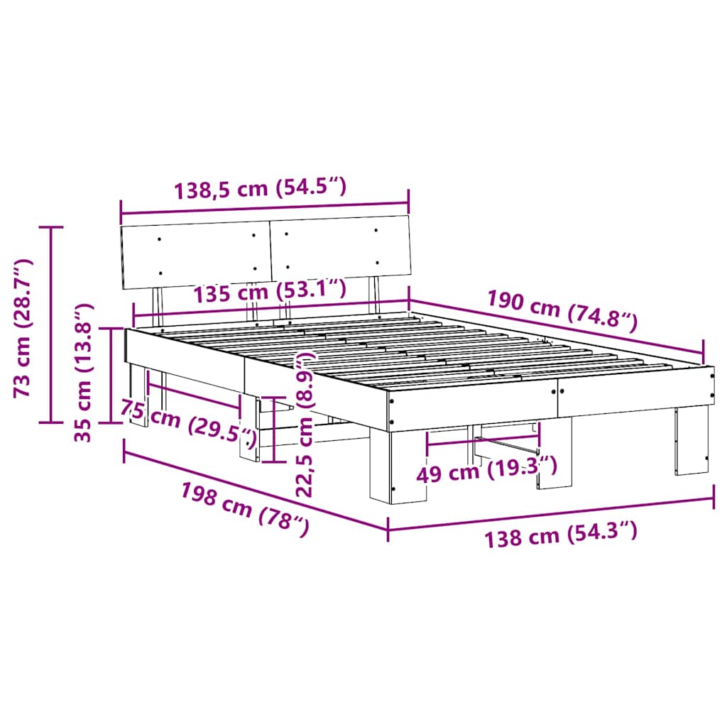 vidaXL Σκελετός Κρεβατιού Φυσικό 135 x 190 cm Στερεά ξυλεία πεύκου