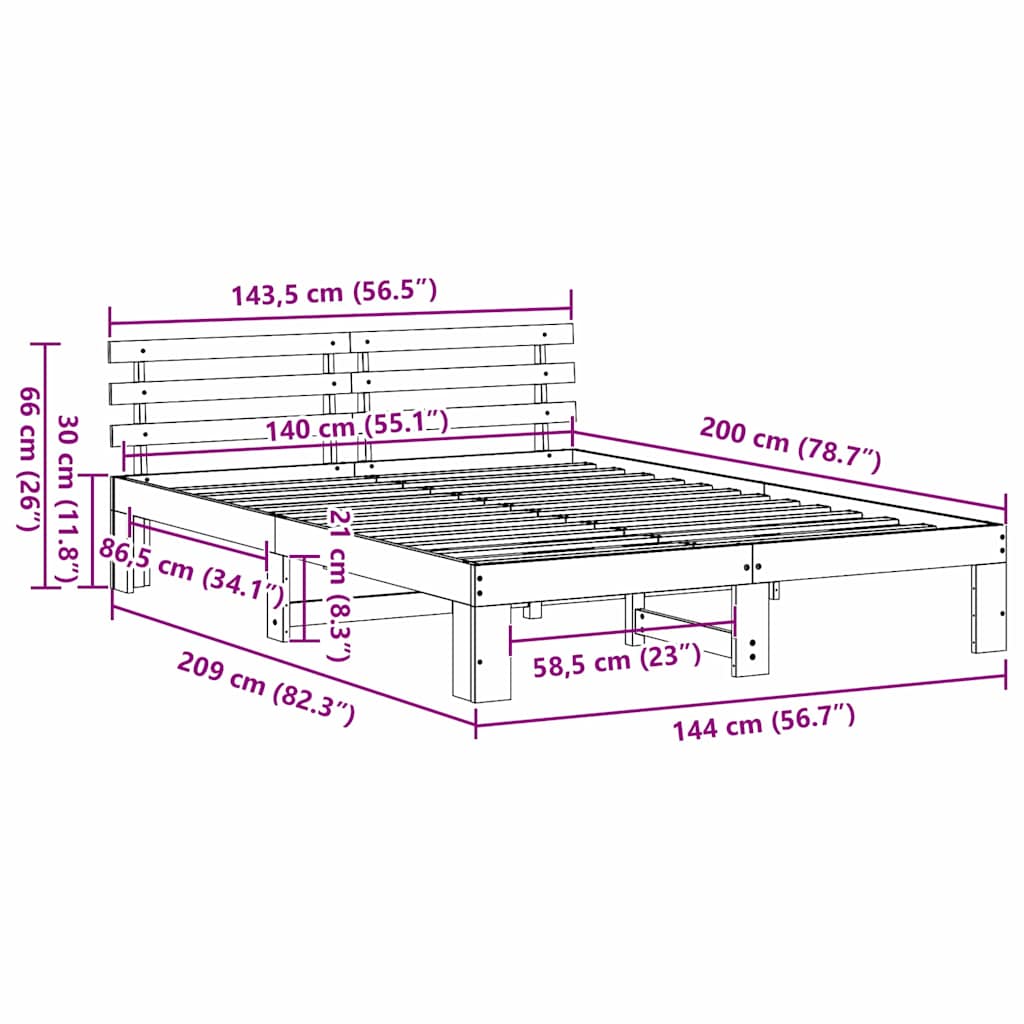vidaXL Σκελετός Κρεβατιού Φυσικό 140 x 200 cm Στερεά ξυλεία πεύκου