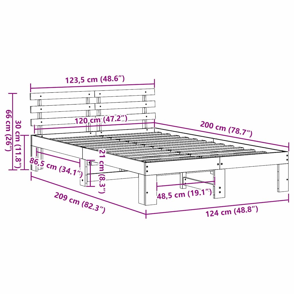 vidaXL Σκελετός Κρεβατιού Φυσικό 120 x 200 cm Στερεά ξυλεία πεύκου