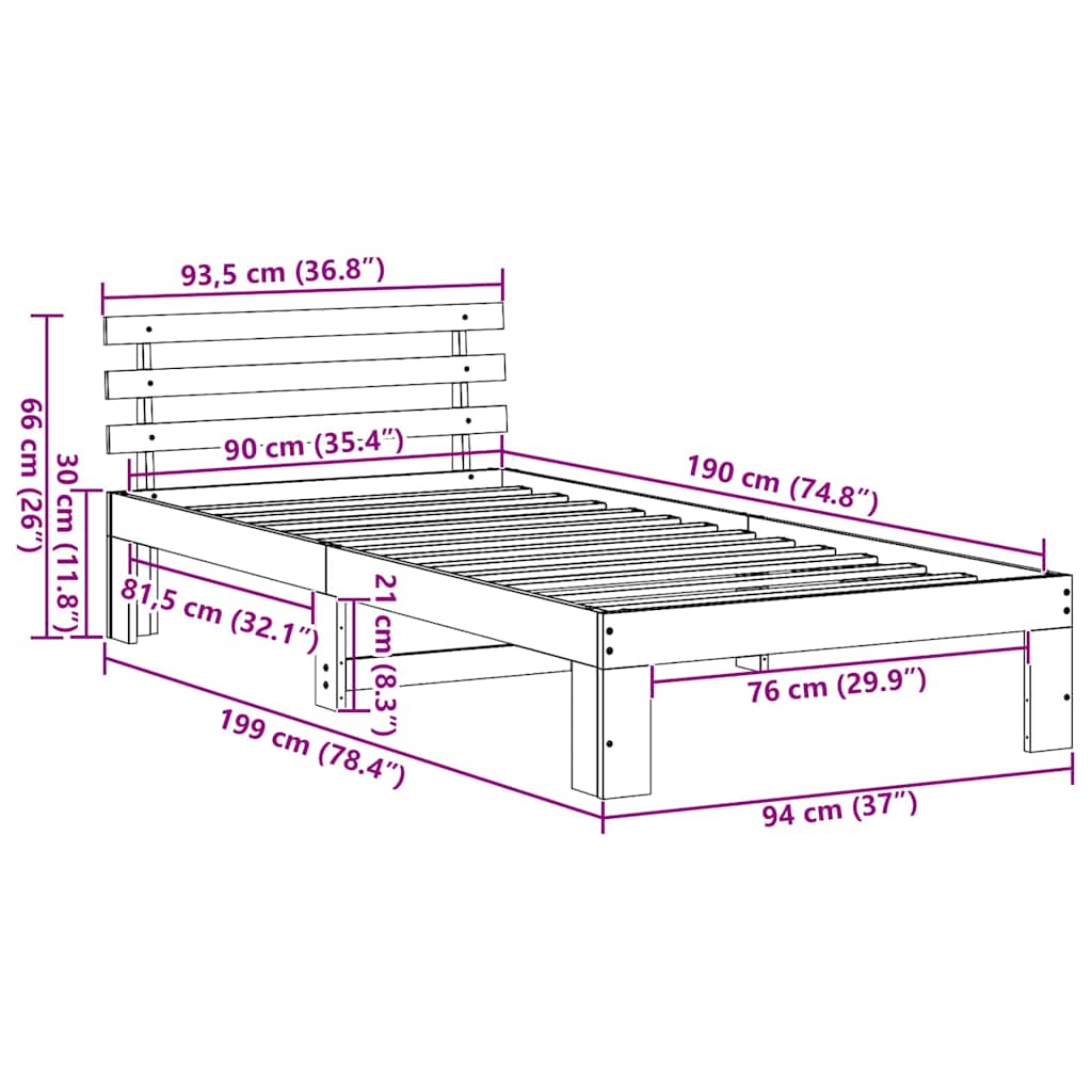 vidaXL Σκελετός Κρεβατιού Κερωτό καφέ 90 x 190 cm Στερεά ξυλεία πεύκου