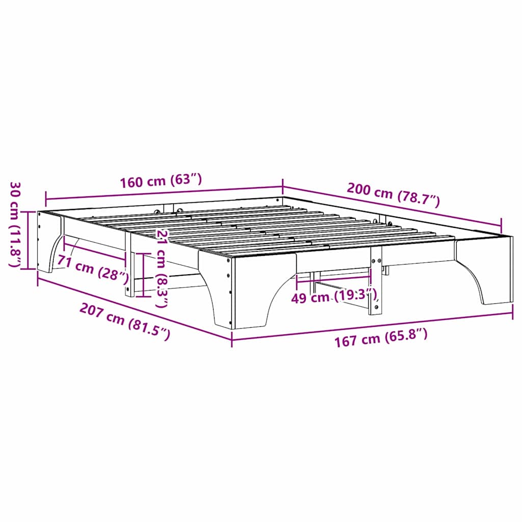 vidaXL Σκελετός Κρεβατιού Φυσικό 160 x 200 cm Στερεά ξυλεία πεύκου