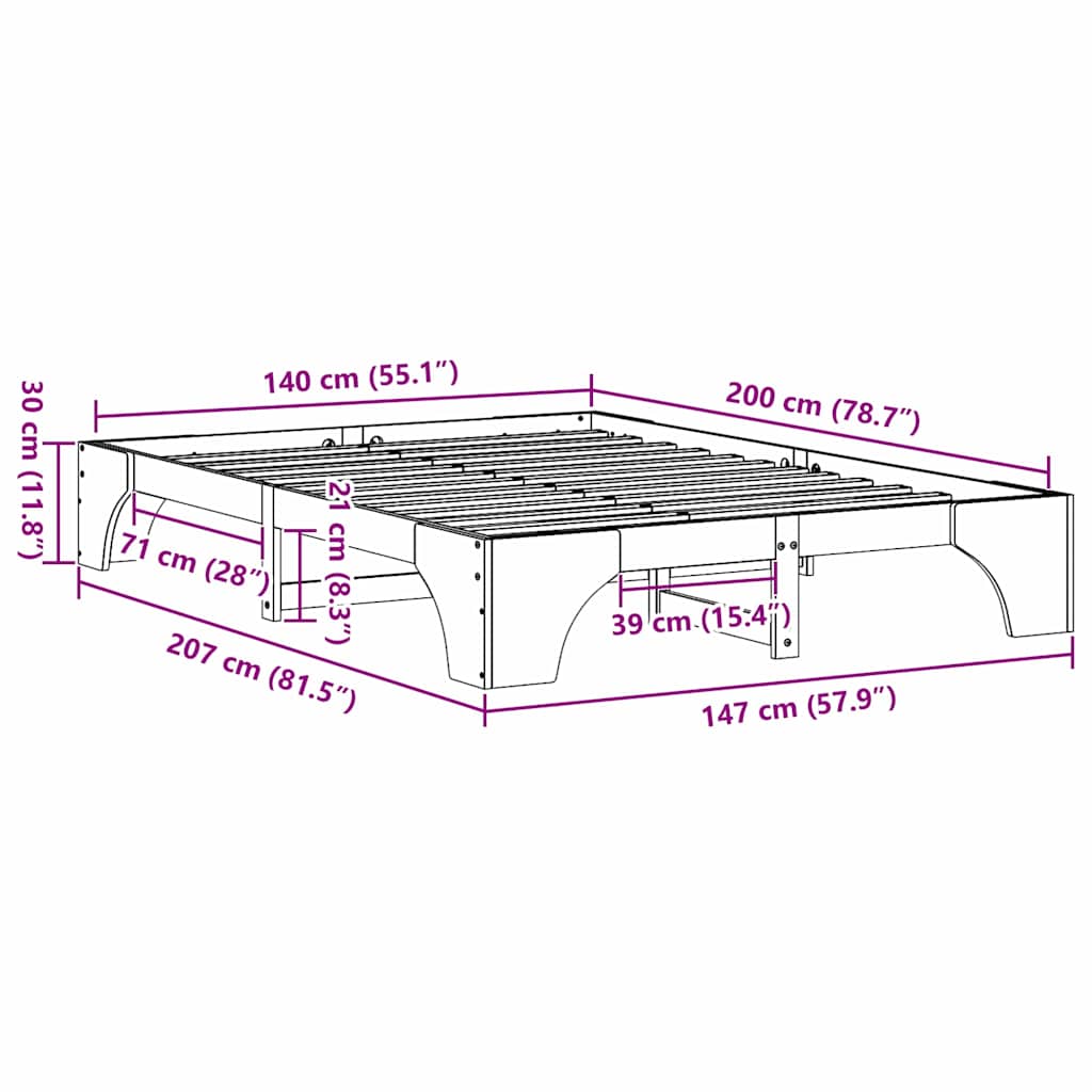 vidaXL Σκελετός Κρεβατιού Φυσικό 140 x 200 cm Στερεά ξυλεία πεύκου