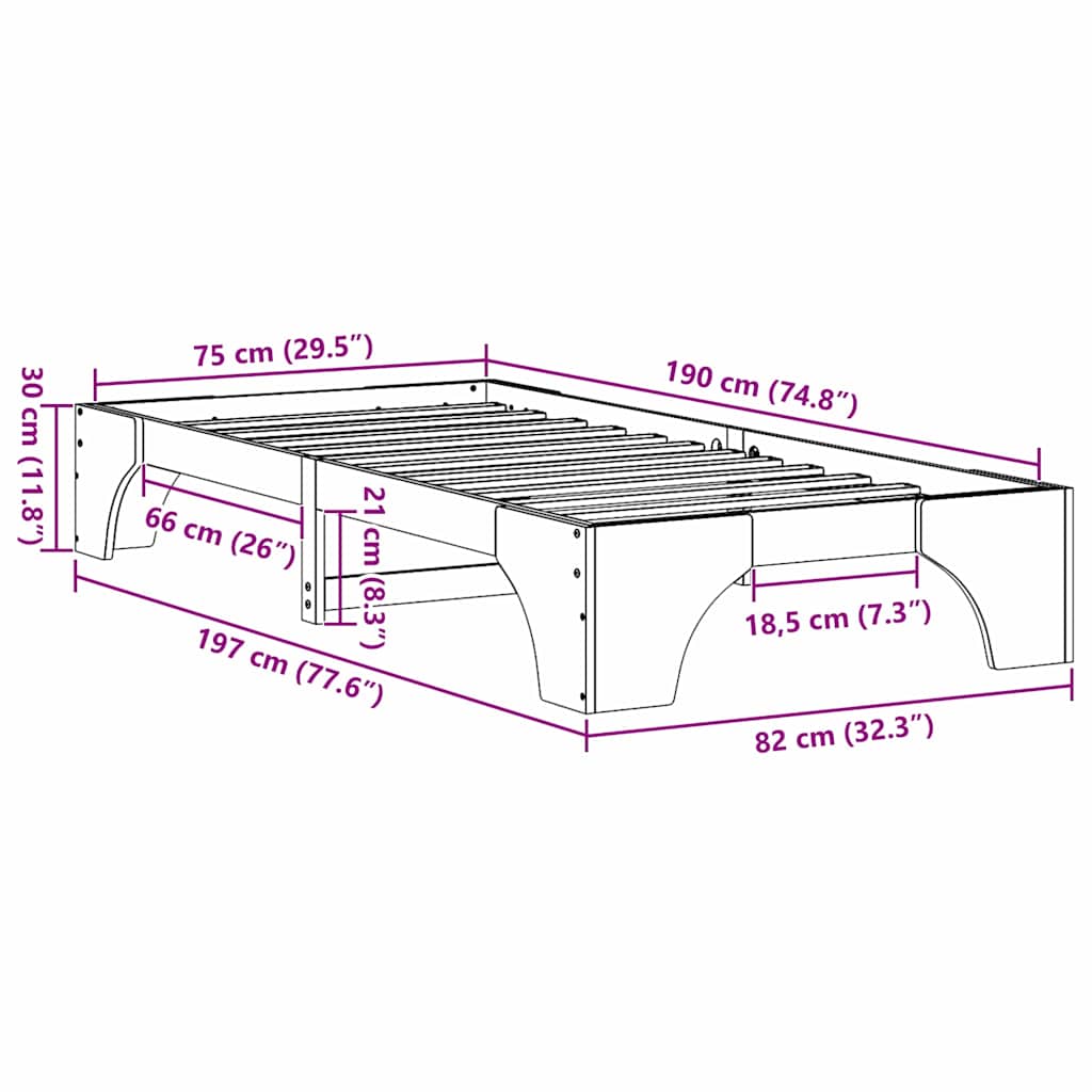 vidaXL Σκελετός Κρεβατιού Λευκό 75 x 190 cm Στερεά ξυλεία πεύκου