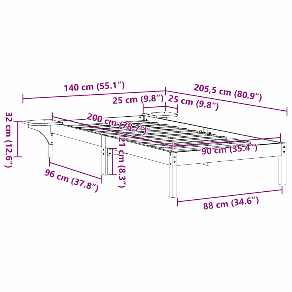 vidaXL Σκελετός Κρεβατιού Λευκό 90 x 200 cm Στερεά ξυλεία πεύκου