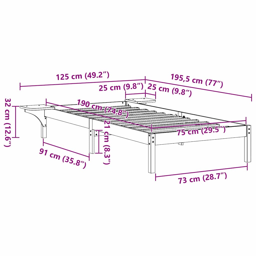 vidaXL Σκελετός Κρεβατιού Λευκό 75 x 190 cm Στερεά ξυλεία πεύκου