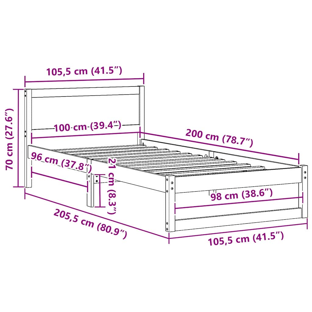 vidaXL Σκελετός Κρεβατιού Φυσικό 100 x 200 cm Στερεά ξυλεία πεύκου