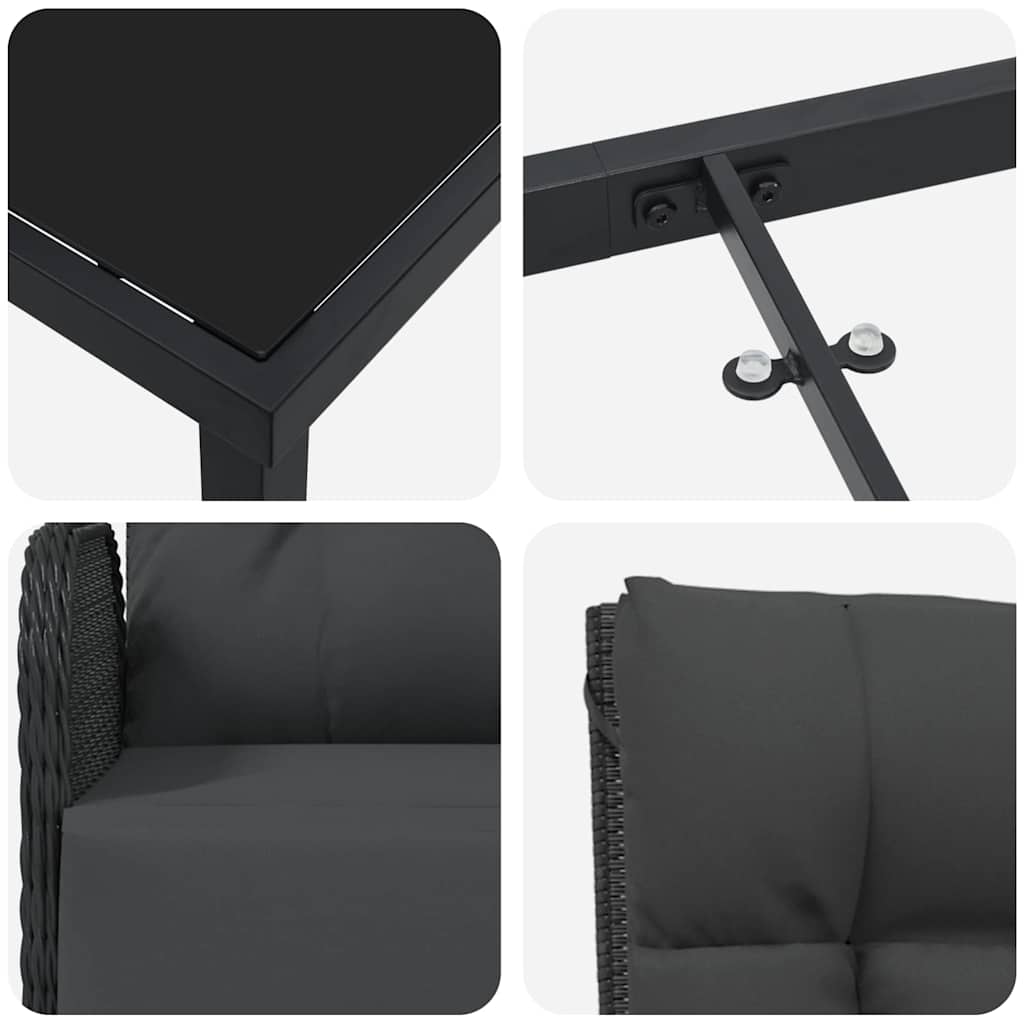 vidaXL Σετ Φαγητού Κήπου με 5 Τεμάχια και Μαξιλάρια Μαύρο Πολυ Ρατάν