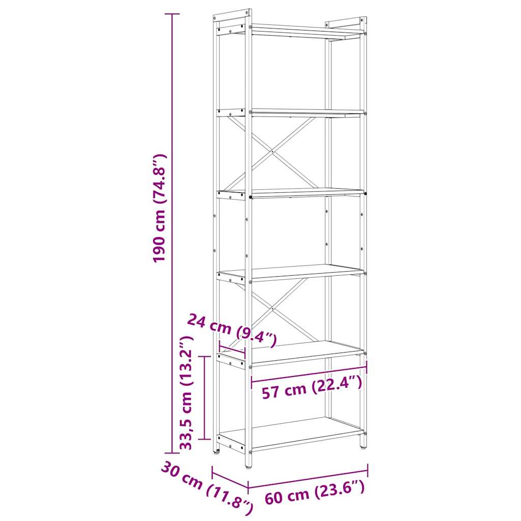 vidaXL Βιβλιοθήκη Μαύρη δρυς 60 x 30 x 188 εκ Επεξεργασμένο ξύλο