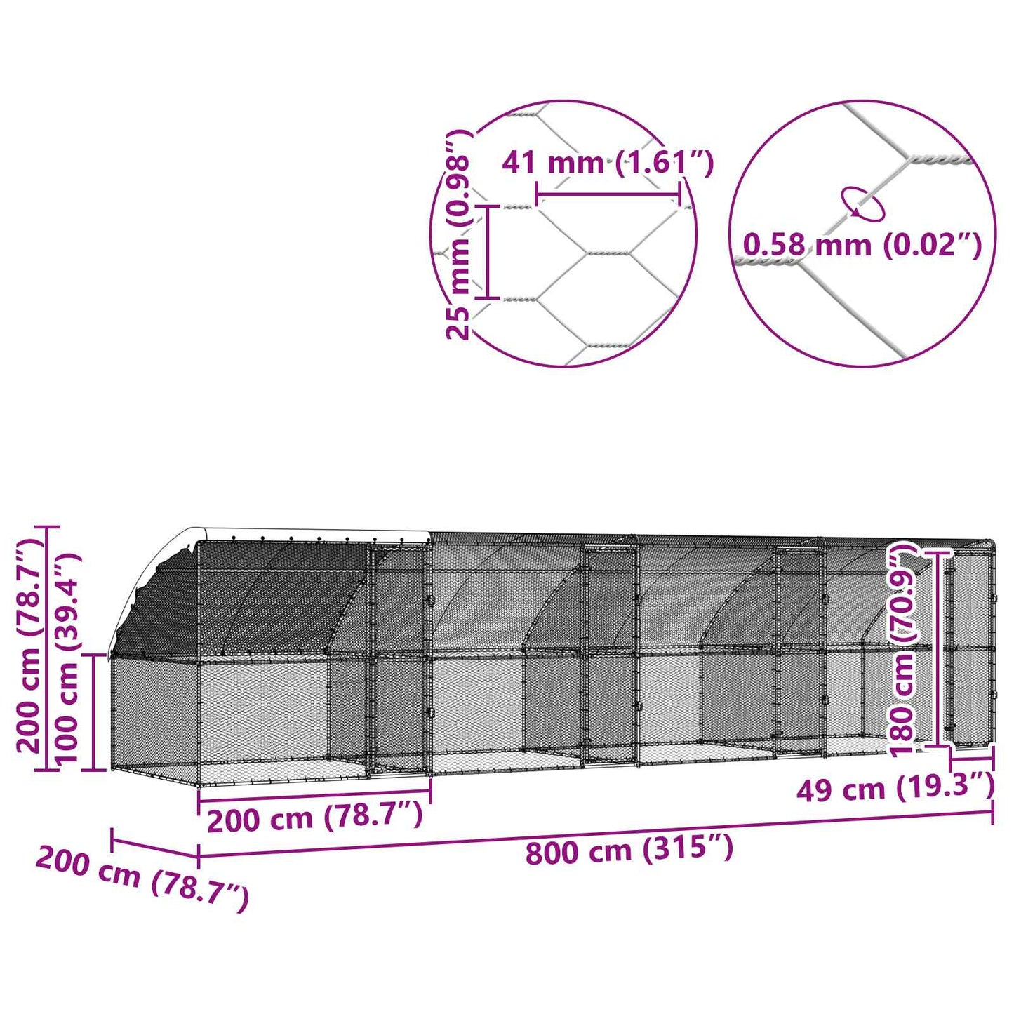 vidaXL Κλουβί για κότες 4 τμχ. Ασημί 800 x 200 x 200 εκ.
