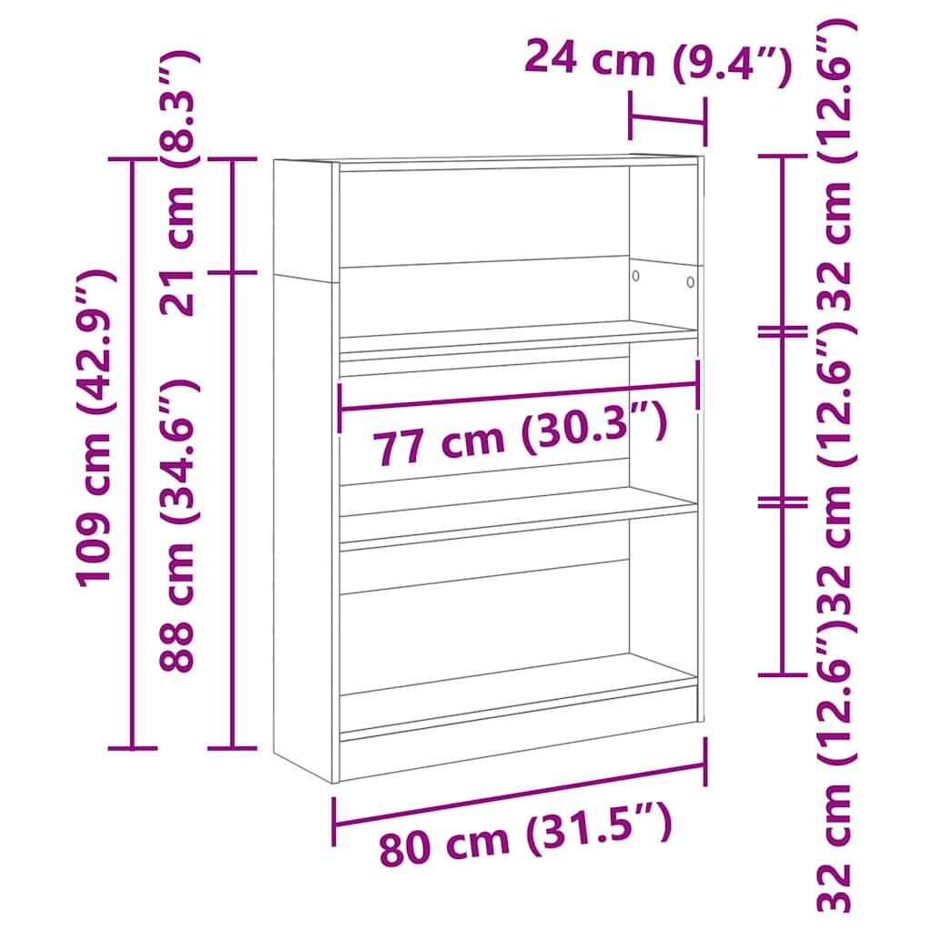 vidaXL Βιβλιοθήκη Μαύρη δρυς 80 x 24 x 109 εκ Επεξεργασμένο ξύλο