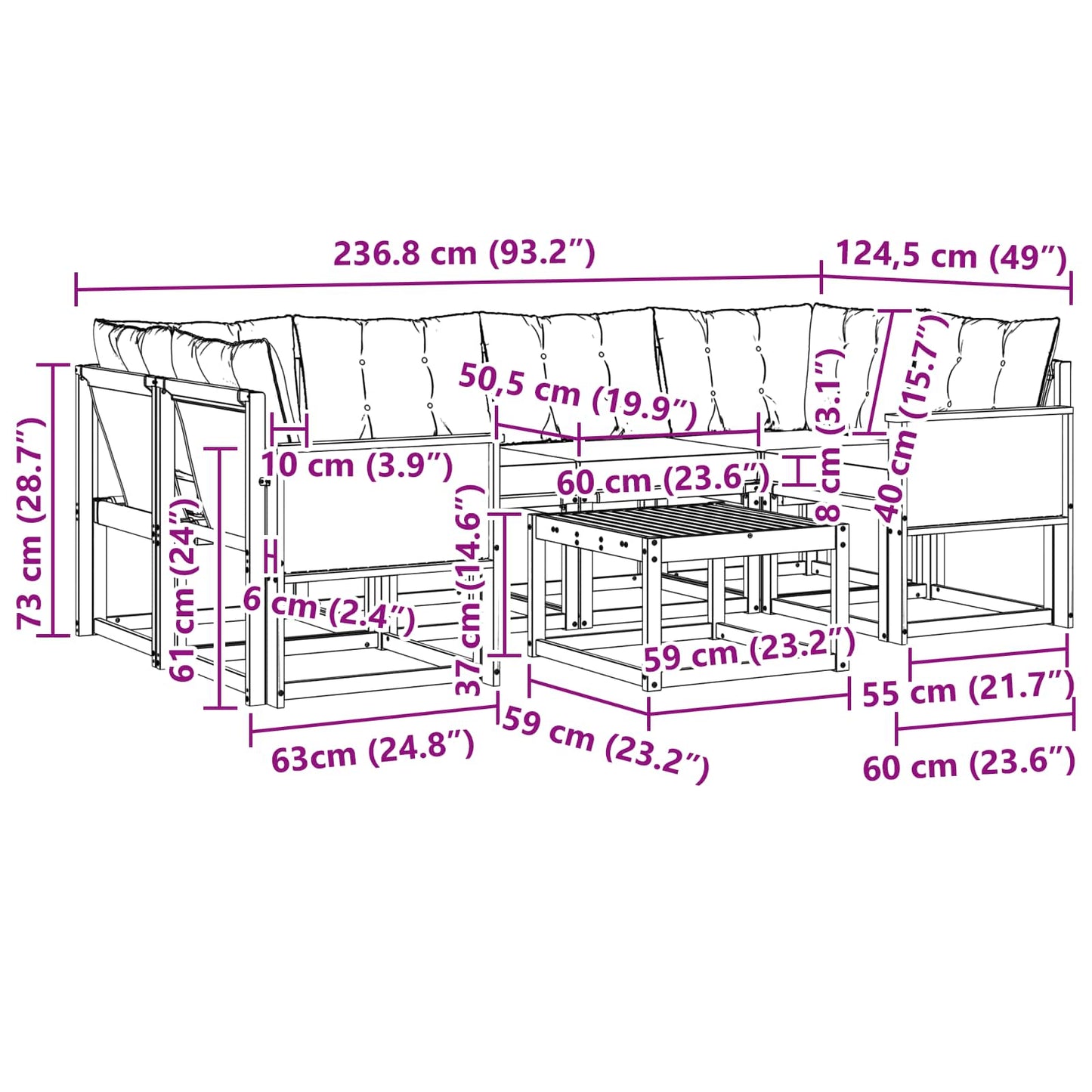 vidaXL Σειρά Καναπέ Εξωτερικού με μαξιλάρι 7 pcs Φυσικό και Μαύρο