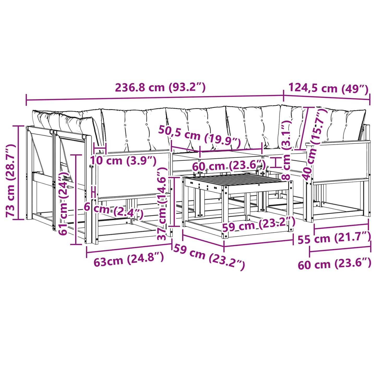 vidaXL Σειρά Καναπέ Εξωτερικού με μαξιλάρι 7 pcs Φυσικό και Μαύρο