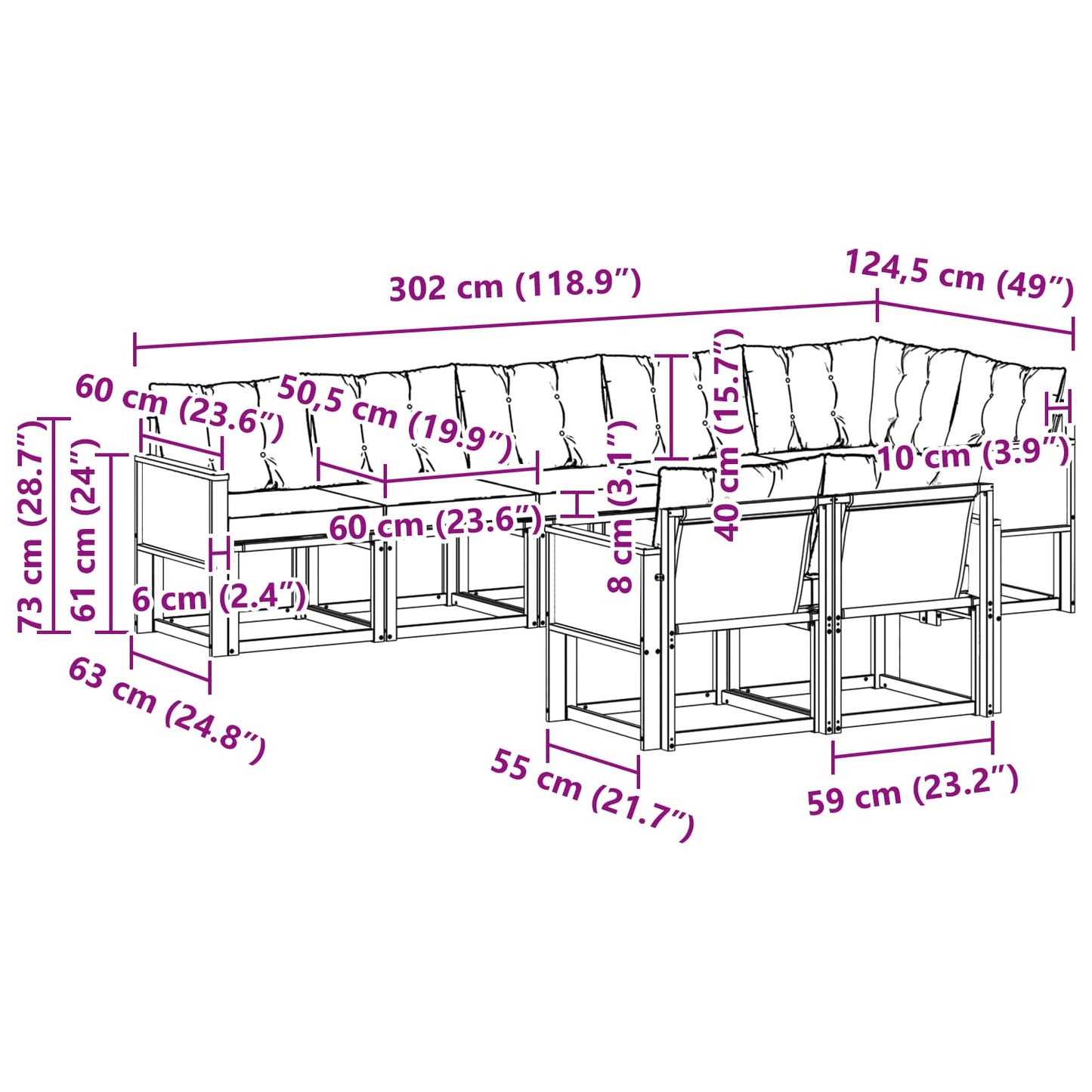 vidaXL Σειρά Καναπέ Εξωτερικού με μαξιλάρι 8 pcs Φυσικό και Μαύρο