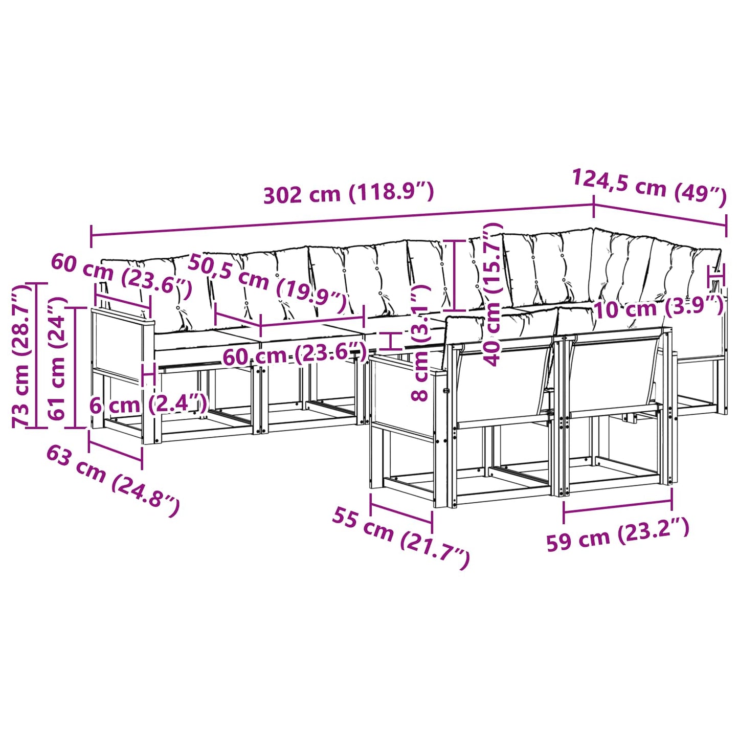 vidaXL Σειρά Καναπέ Εξωτερικού με μαξιλάρι 8 pcs Φυσικό και Μαύρο