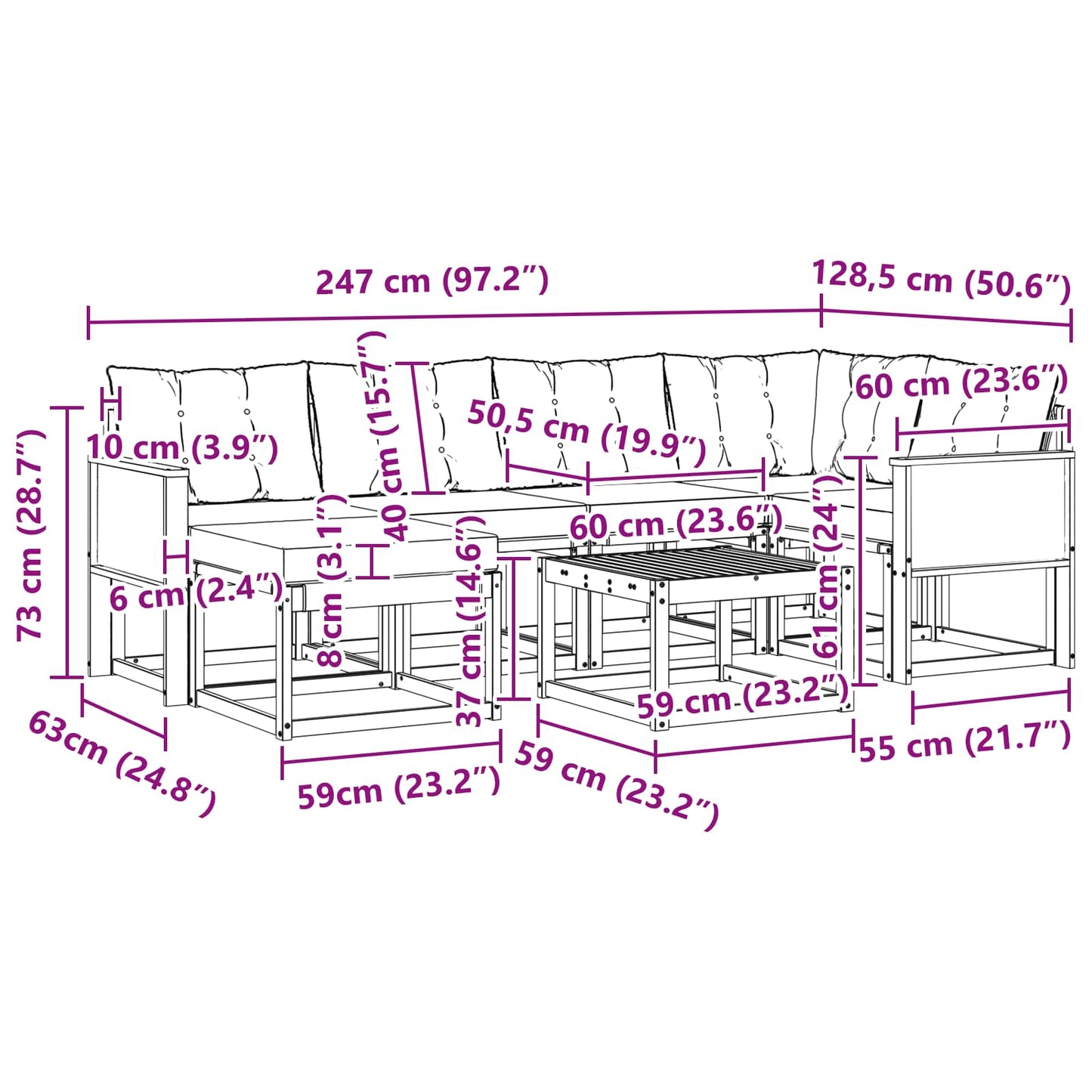 vidaXL Σειρά Καναπέ Εξωτερικού με μαξιλάρι 7 pcs Φυσικό και Κρέμα
