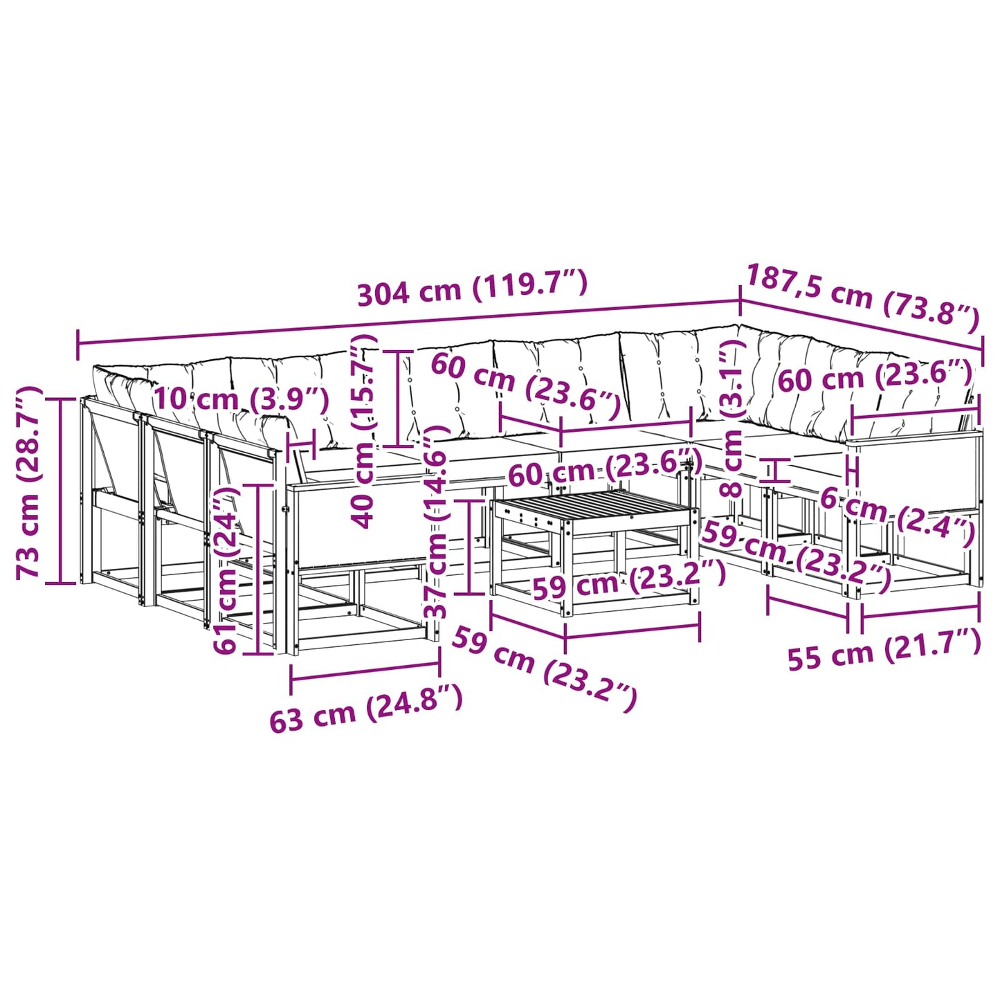 vidaXL Σειρά Καναπέ Εξωτερικού με μαξιλάρι 10 pcs Φυσικό και Μαύρο