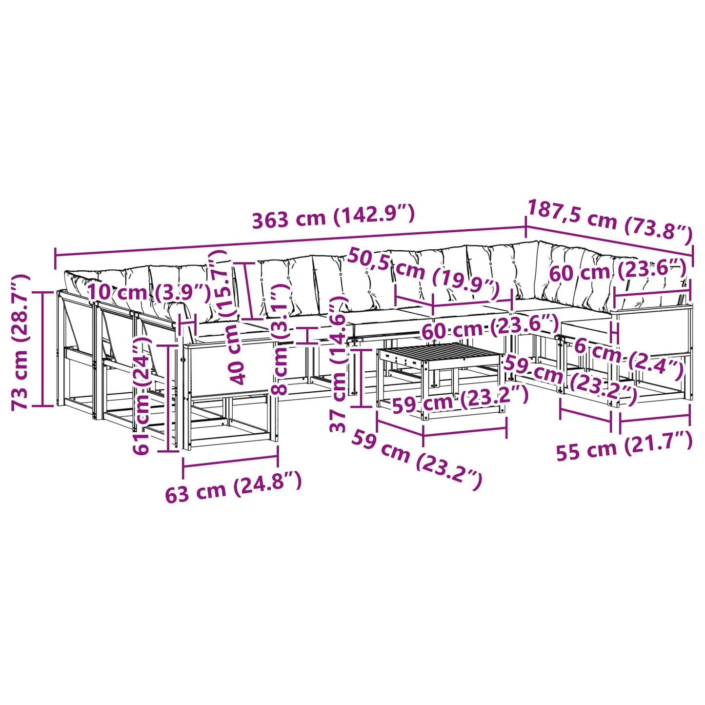 vidaXL Σειρά Καναπέ Εξωτερικού 11 pcs Φυσικό και Ανοιχτό Γκρι