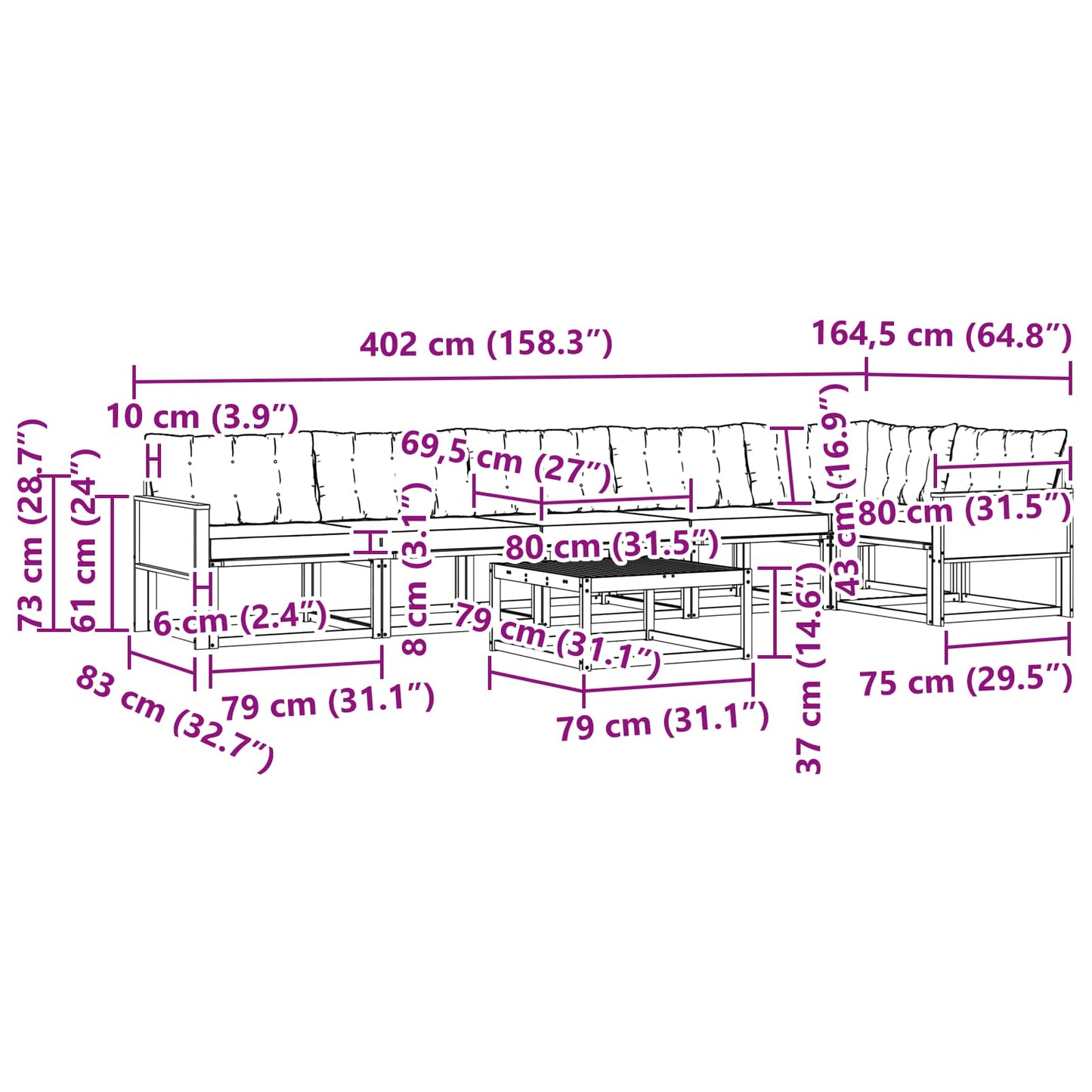 vidaXL Σειρά Καναπέ Εξωτερικού με μαξιλάρι 7 pcs Φυσικό και Μαύρο