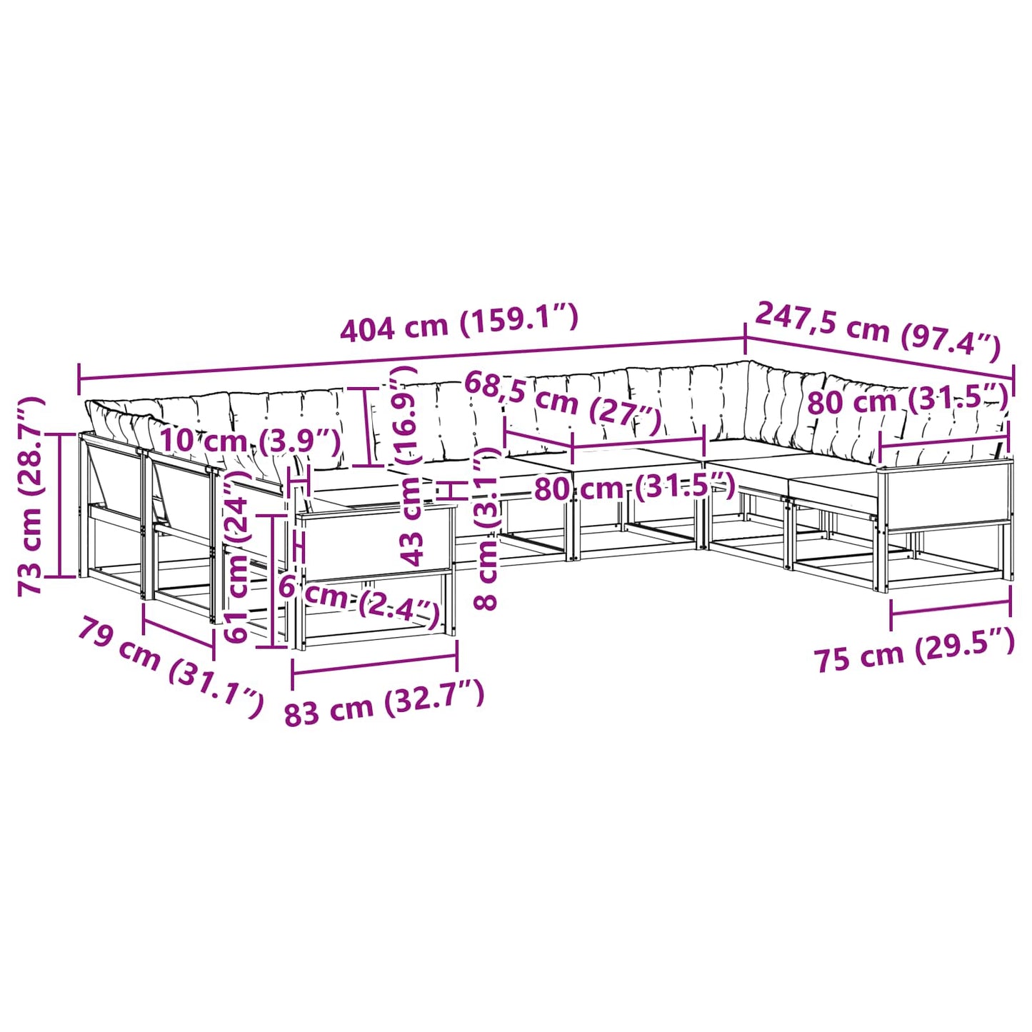 vidaXL Σειρά Καναπέ Εξωτερικού με μαξιλάρι 9 pcs Φυσικό και Κρέμα