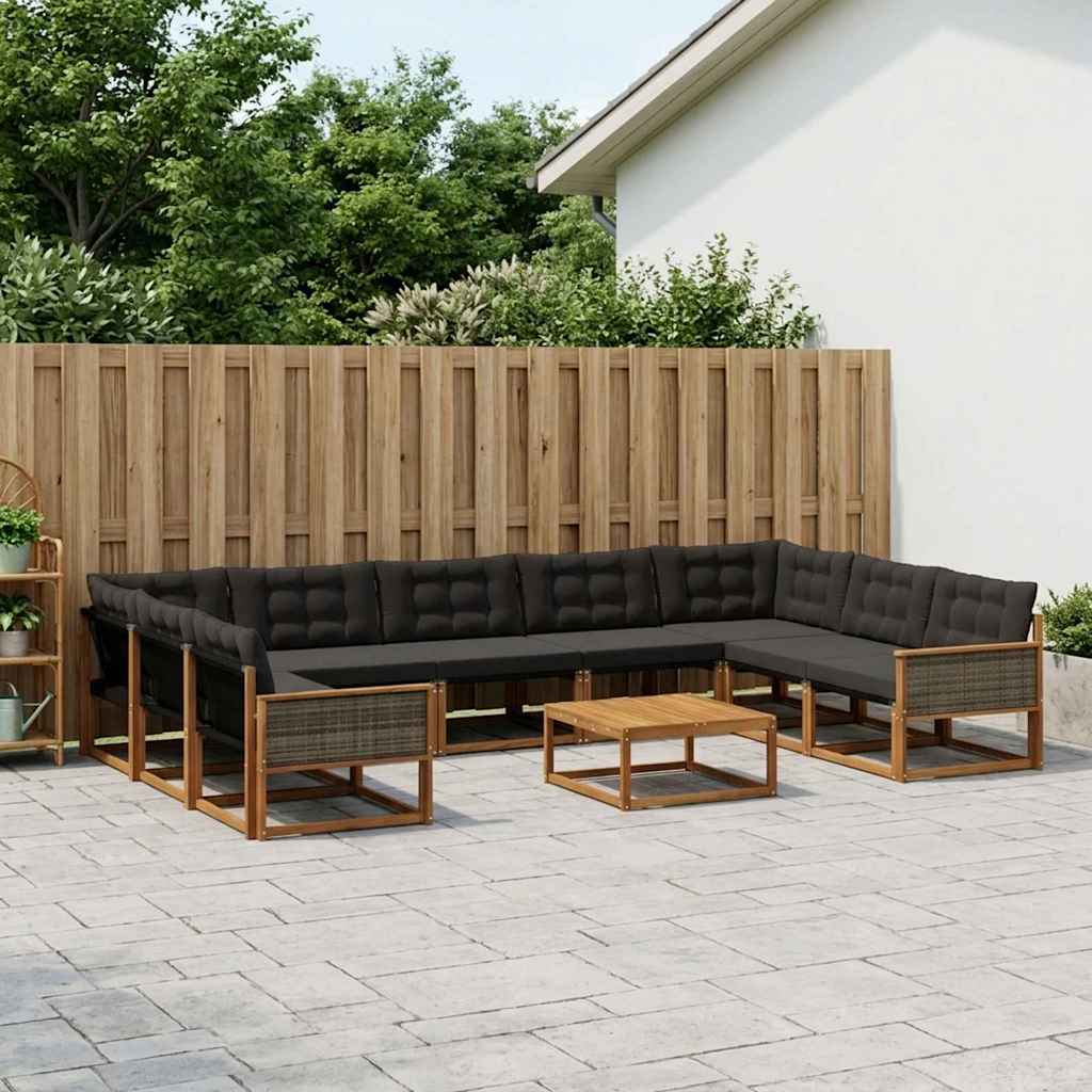 vidaXL Σειρά Καναπέ Εξωτερικού με μαξιλάρι 10 pcs Φυσικό και Μαύρο