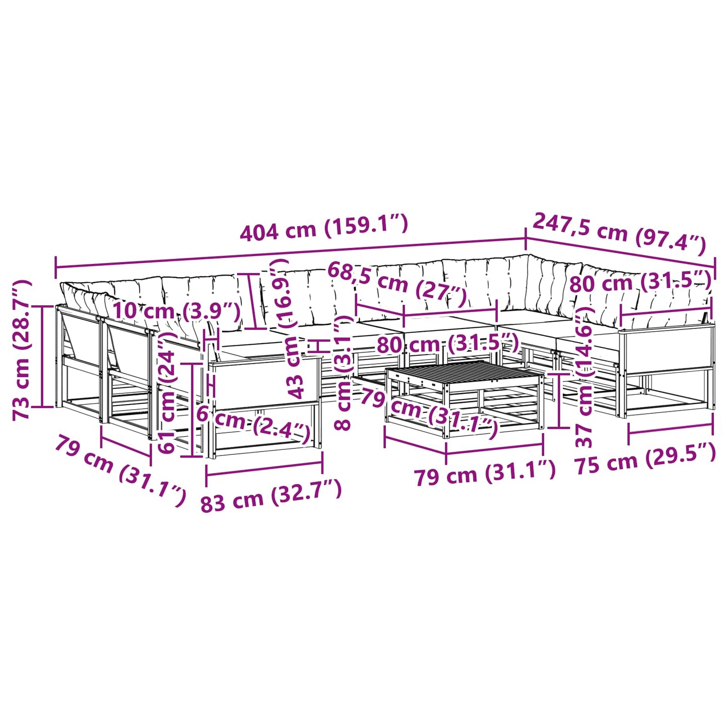 vidaXL Σειρά Καναπέ Εξωτερικού 10 pcs Φυσικό και Ανοιχτό Γκρι