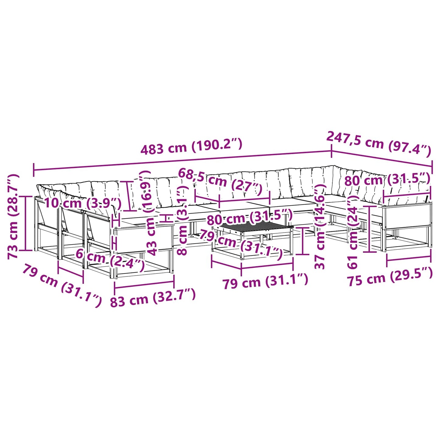 vidaXL Σειρά Καναπέ Εξωτερικού με μαξιλάρι 11 pcs Φυσικό και Μπεζ