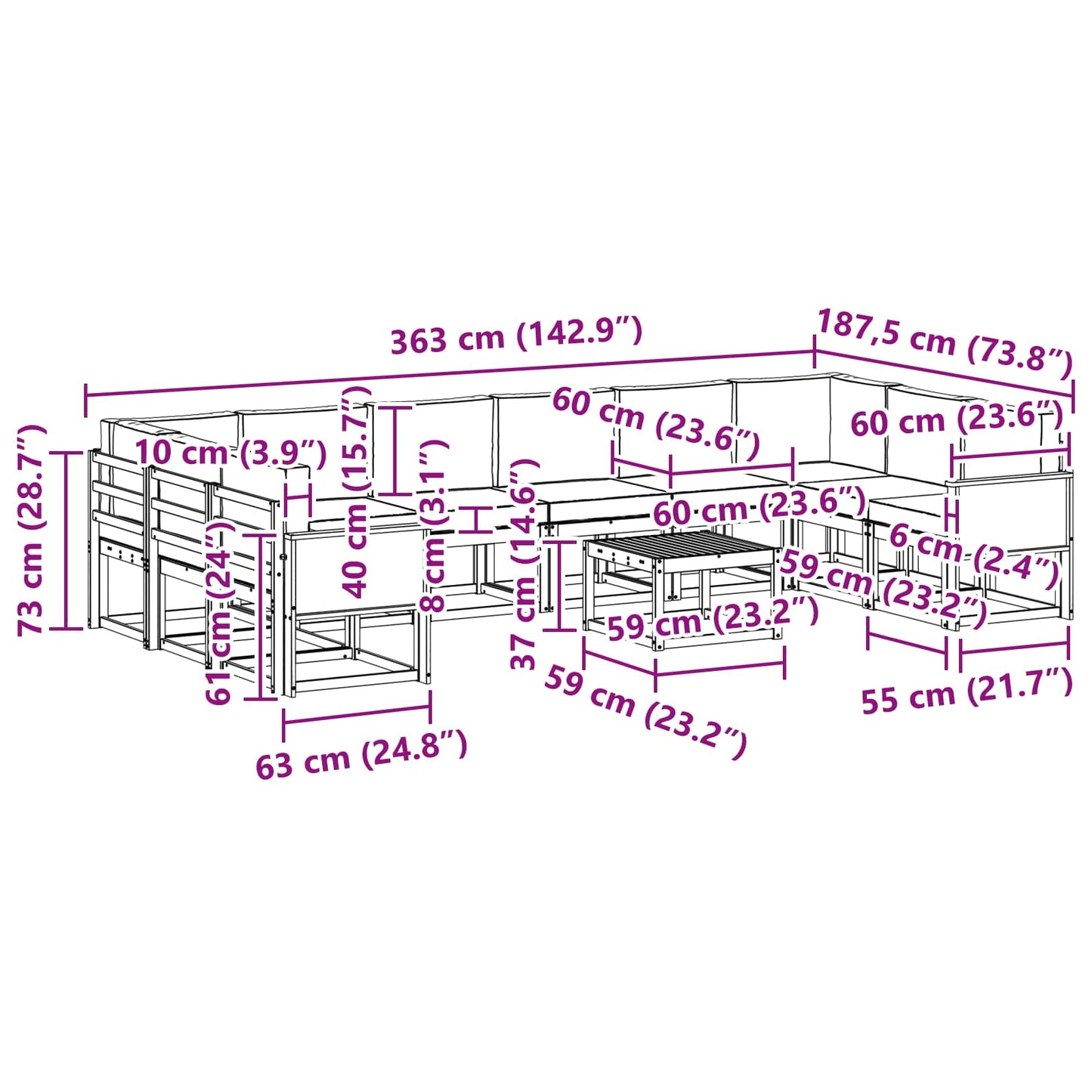 vidaXL Σειρά Καναπέ Εξωτερικού με μαξιλάρι 11 pcs Φυσικό και Μπεζ
