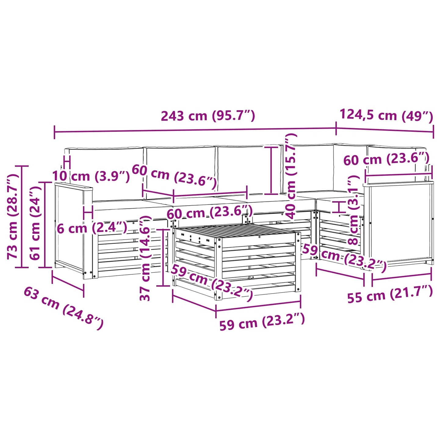 vidaXL Σαλονάκι Γωνιακού Καναπέ με μαξιλάρι 5 pcs Φυσικό και Ανθρακί