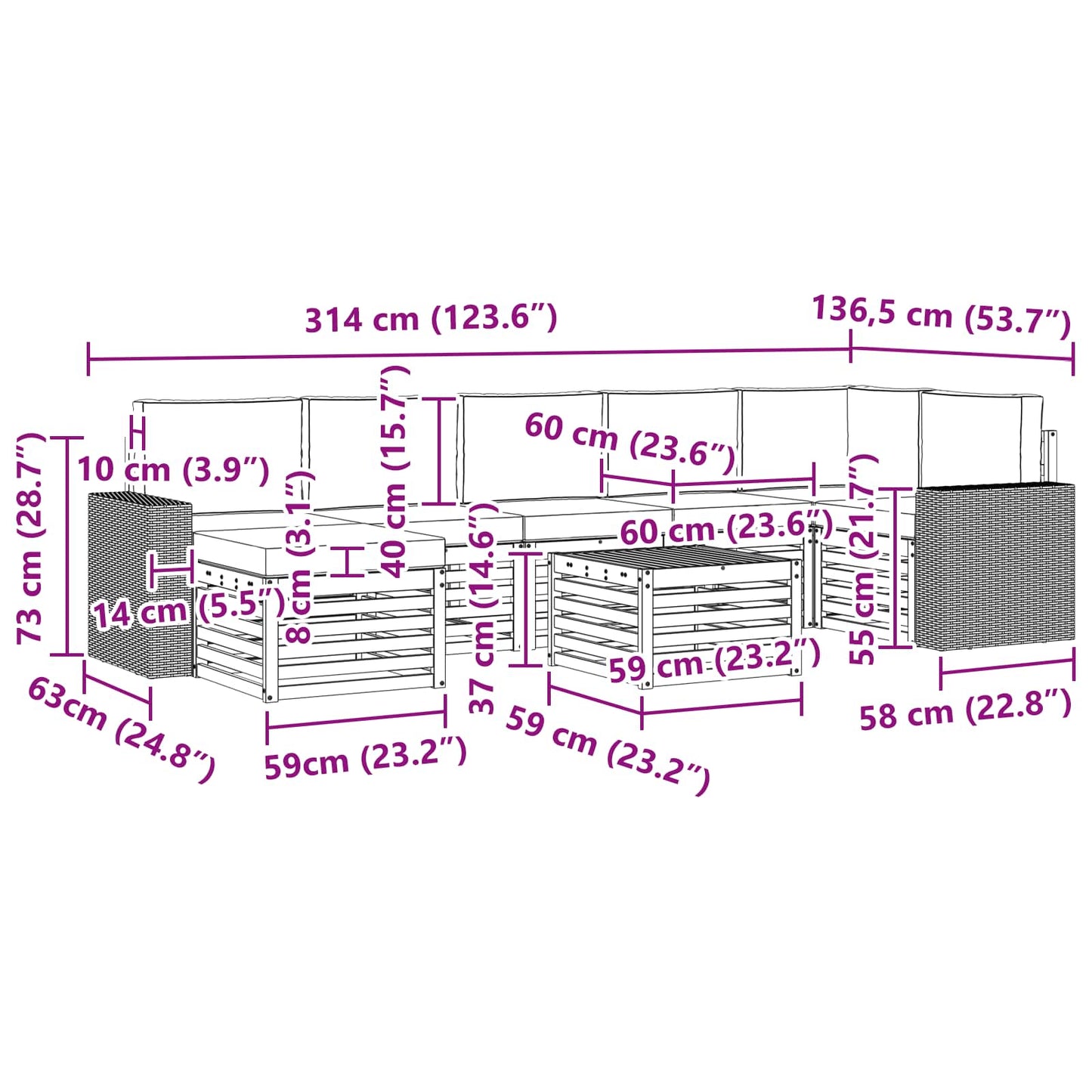 vidaXL Σειρά Καναπέ Εξωτερικού με μαξιλάρι 8 pcs Φυσικό και Ανθρακί