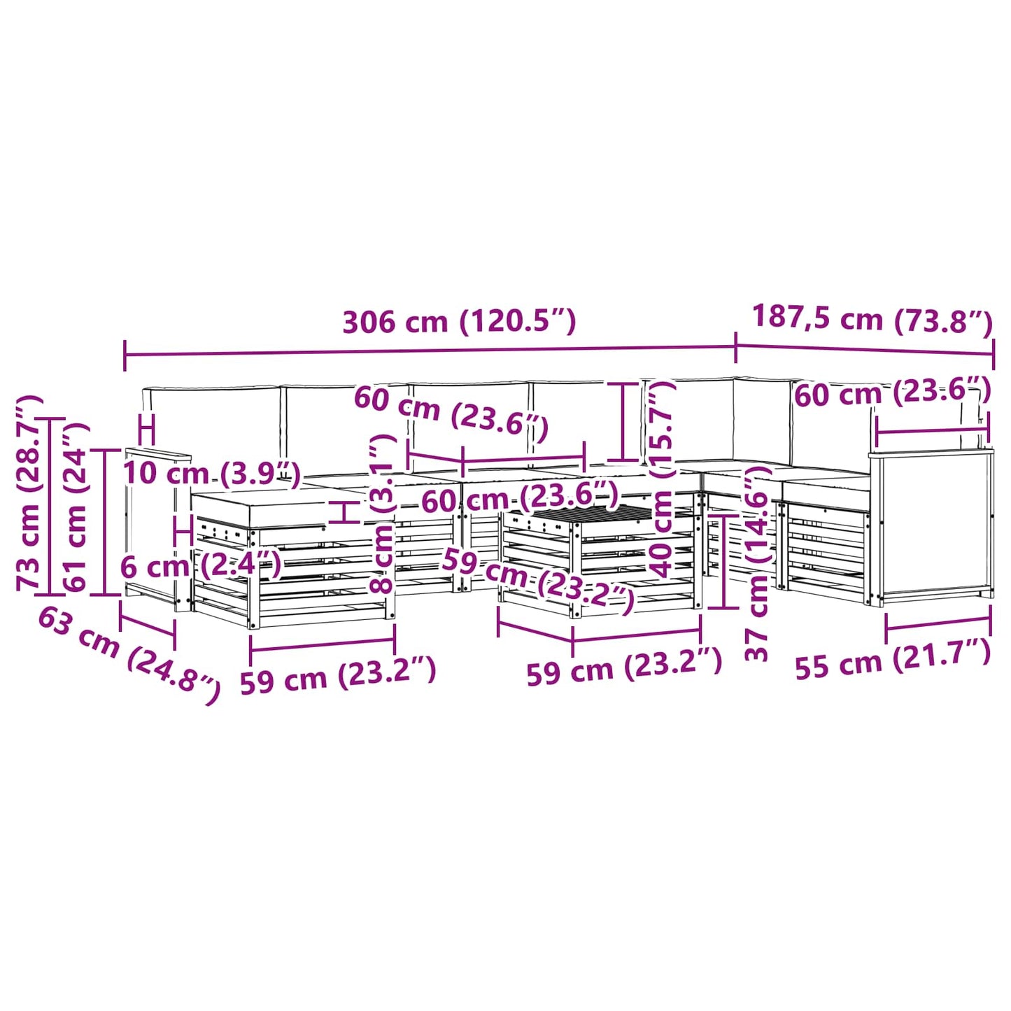 vidaXL Σειρά Καναπέ Εξωτερικού με μαξιλάρι 7 pcs Φυσικό και Ανθρακί