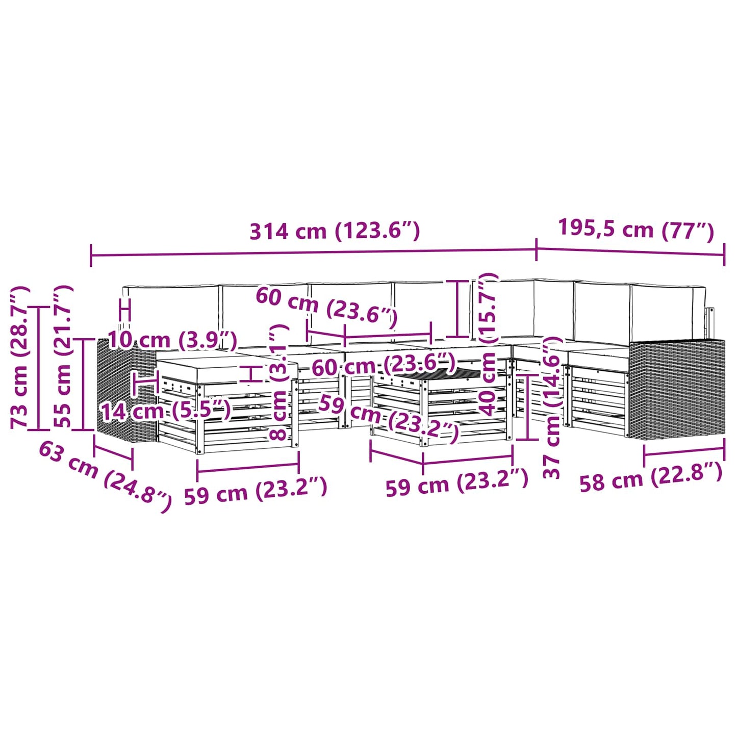 vidaXL Σειρά Καναπέ Εξωτερικού 9 pcs Φυσικό και Ανοιχτό Γκρι