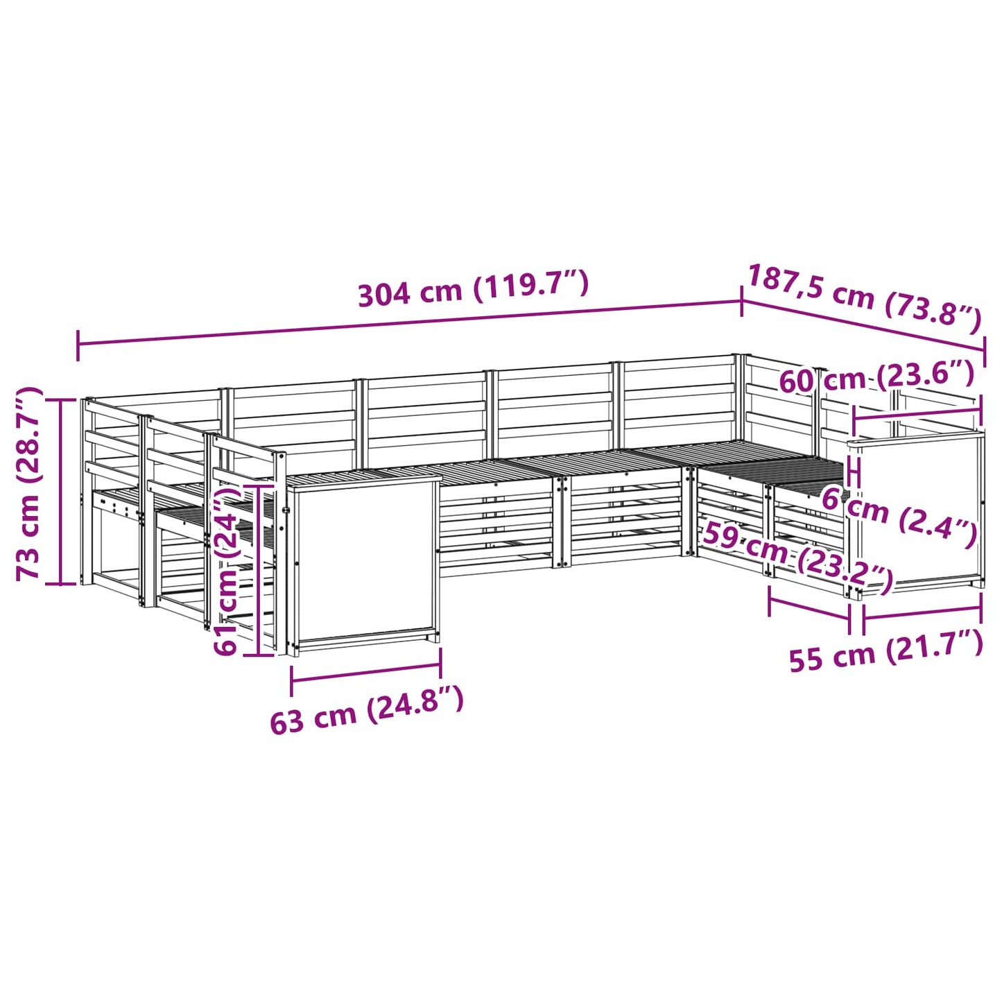 vidaXL Σαλονάκι Γωνιακού Καναπέ 7 pcs Φυσικό Στερεό Ξύλο Ακακίας