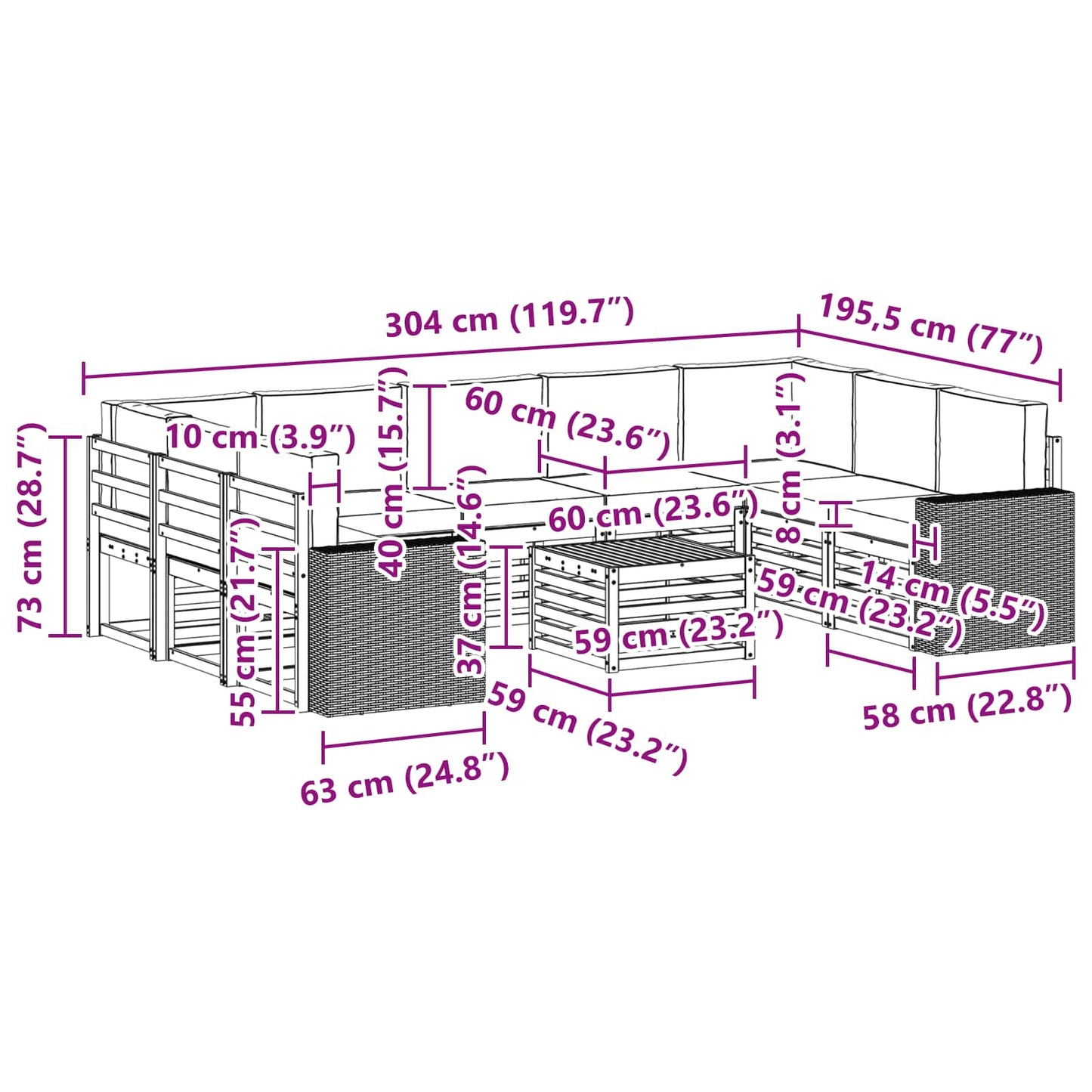 vidaXL Σετ Καναπέ 10 pcs Φυσικό και Ανθρακί Στερεό Ξύλο Ακακίας