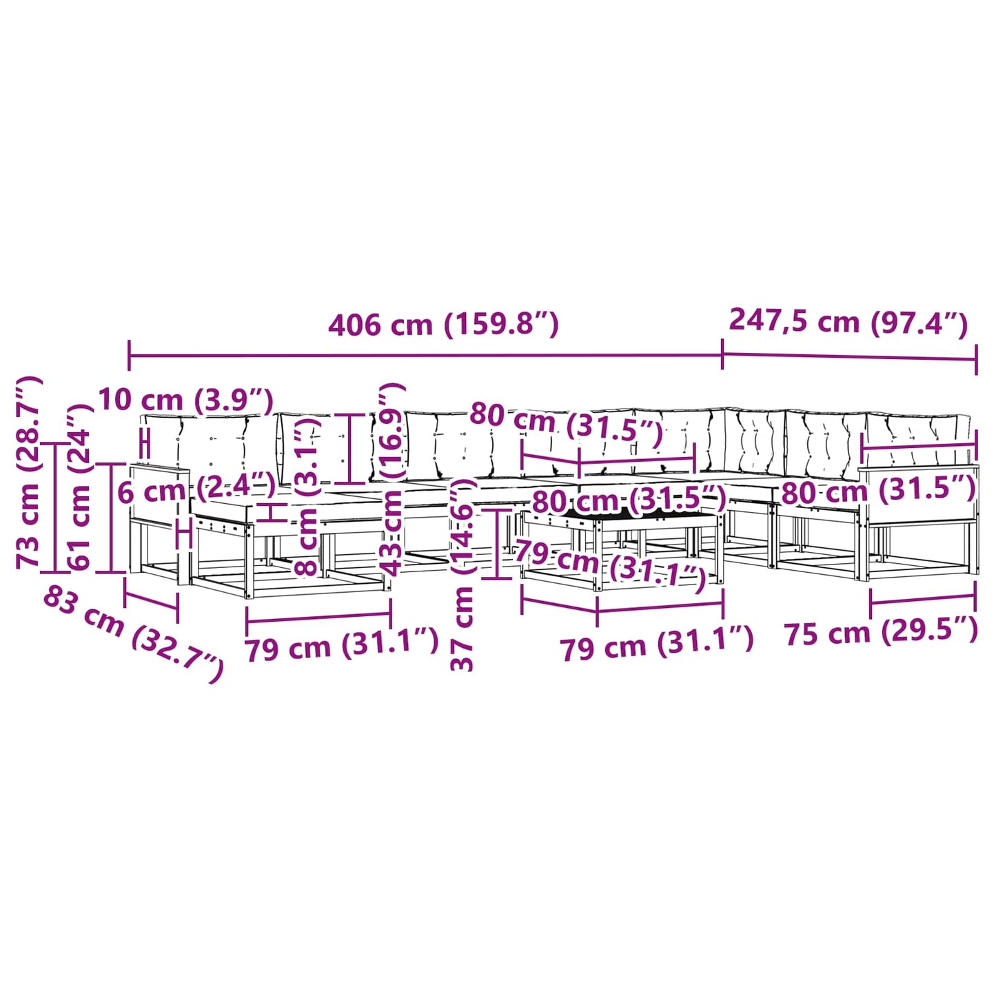 vidaXL Σειρά Καναπέ Εξωτερικού με μαξιλάρι 9 pcs Φυσικό και Ανθρακί