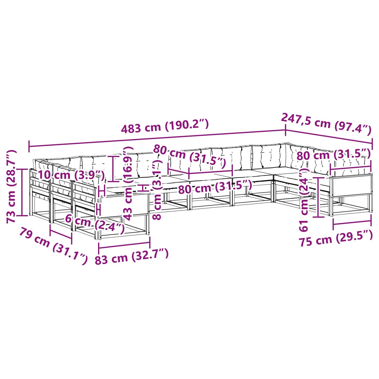 vidaXL Σειρά Καναπέ Εξωτερικού με μαξιλάρι 10 pcs Φυσικό και Ανθρακί
