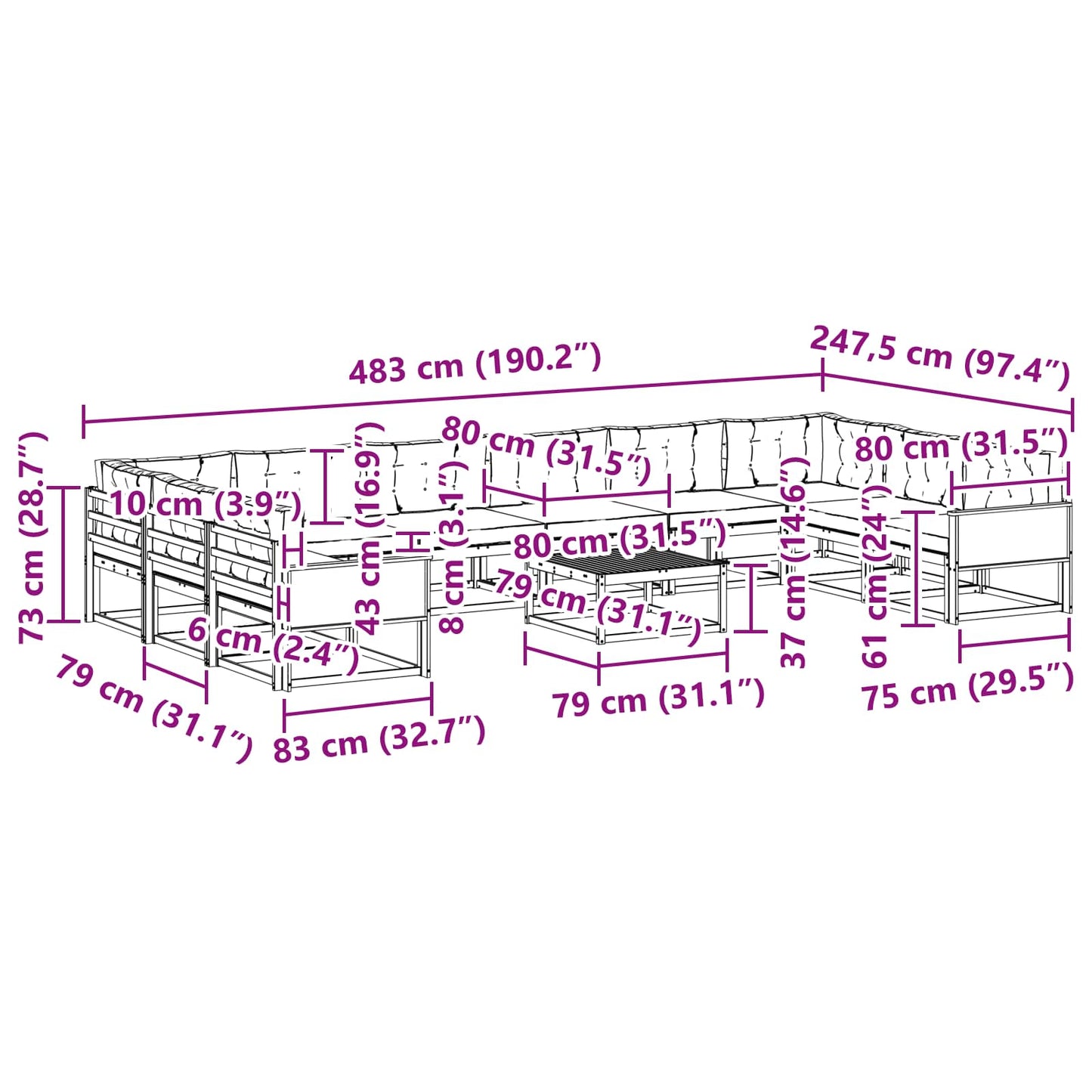 vidaXL Σειρά Καναπέ Εξωτερικού με μαξιλάρι 11 pcs Φυσικό και Ανθρακί