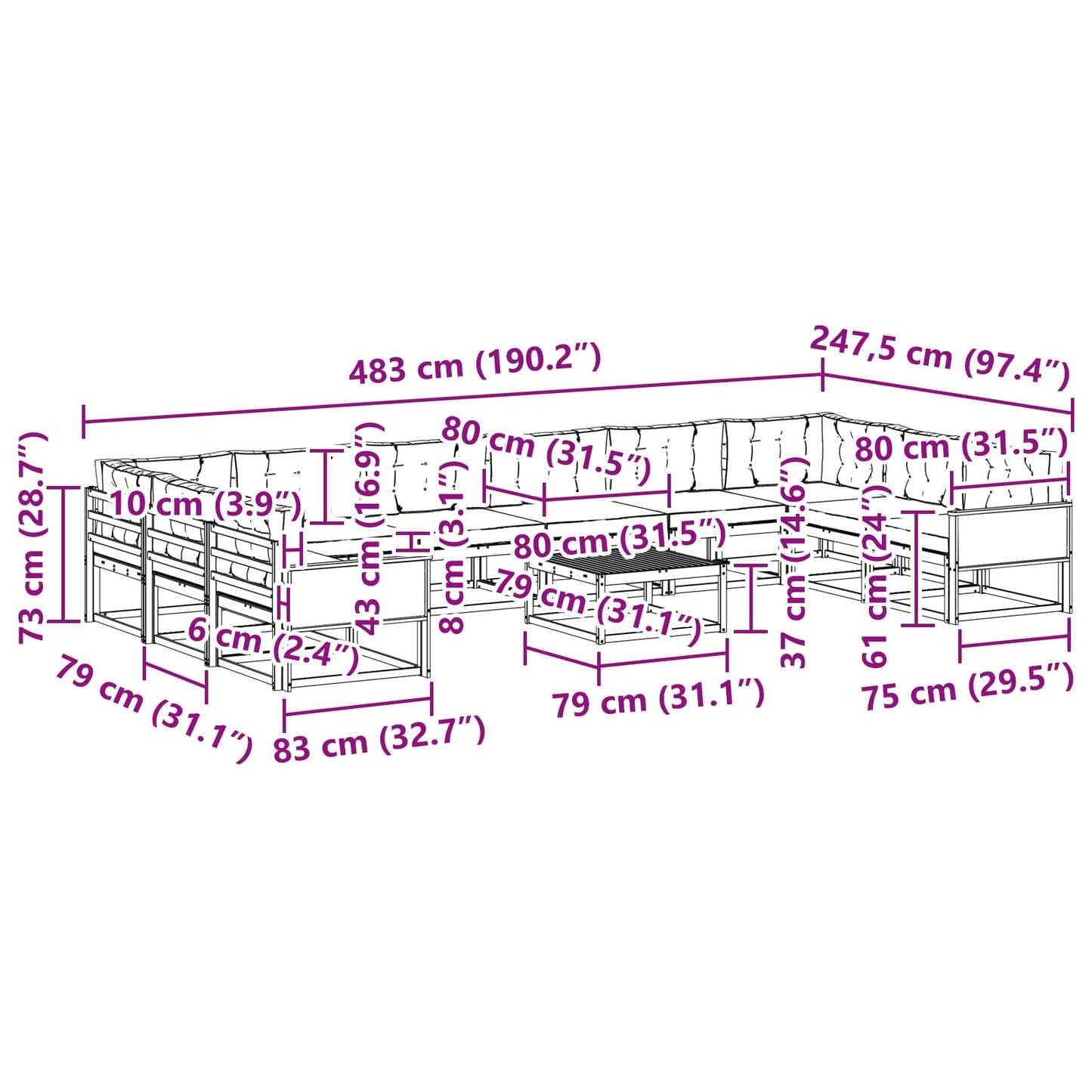 vidaXL Σειρά Καναπέ Εξωτερικού 11 pcs Φυσικό και Ανοιχτό Γκρι