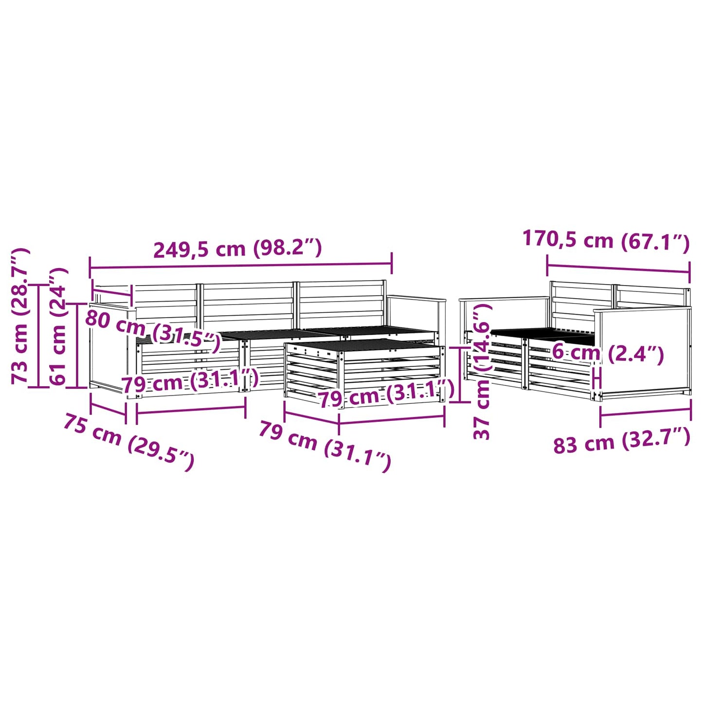 vidaXL Σειρά Καναπέ Εξωτερικού 6 pcs Φυσικό Στερεό Ξύλο Ακακίας