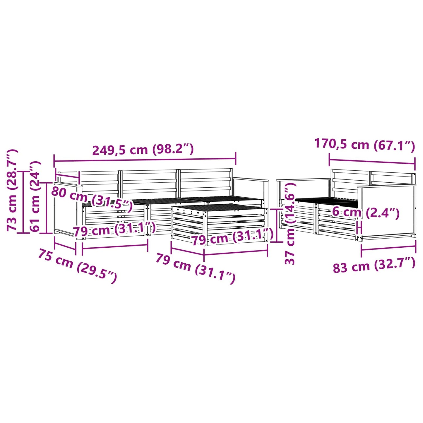 vidaXL Σειρά Καναπέ Εξωτερικού 6 pcs Φυσικό Στερεό Ξύλο Ακακίας